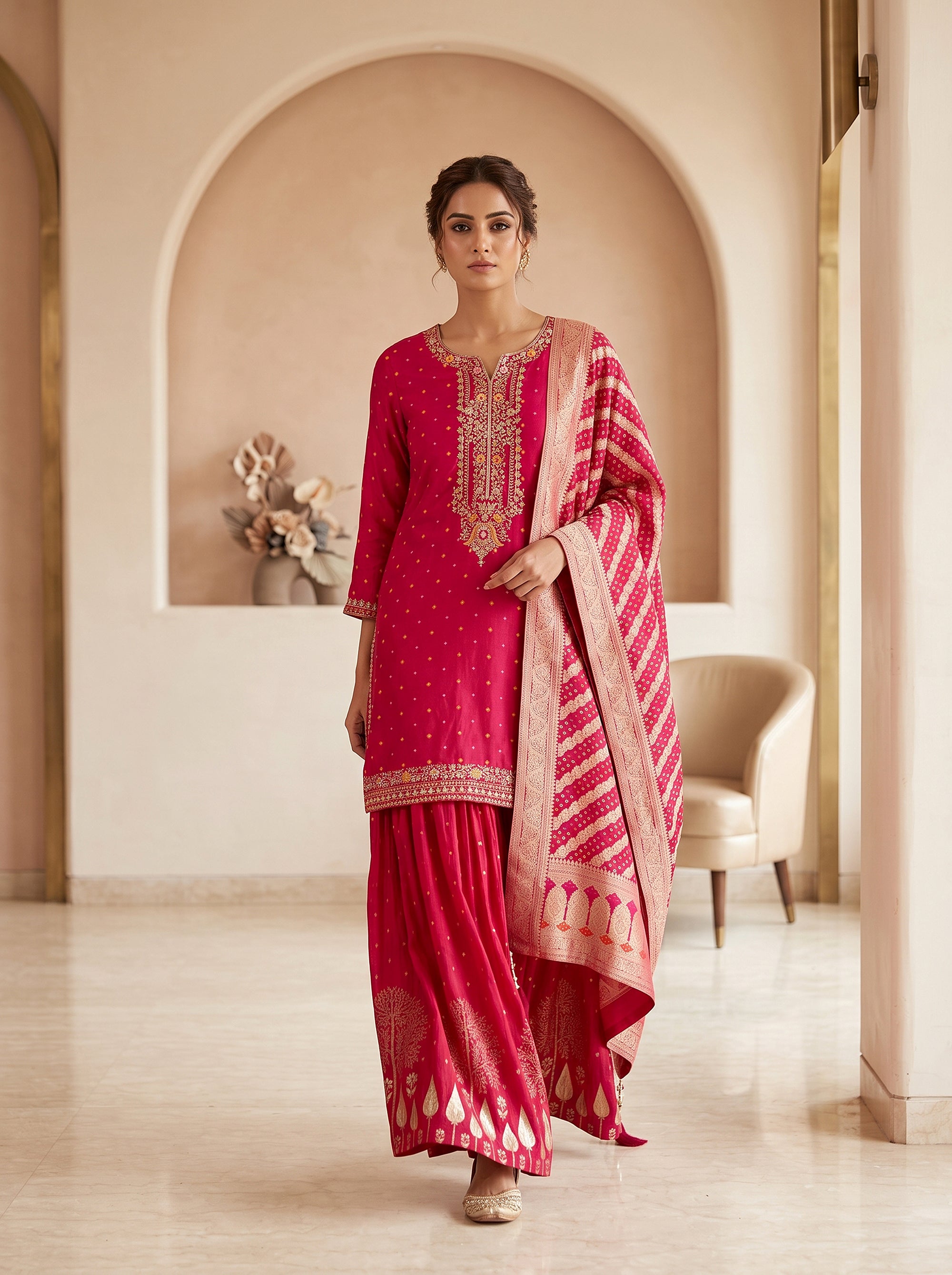 Vibrant Radiance | Fuchsia Pink Embroidered Palazzo Suit with Woven Dupatta | Palkhi Fashion