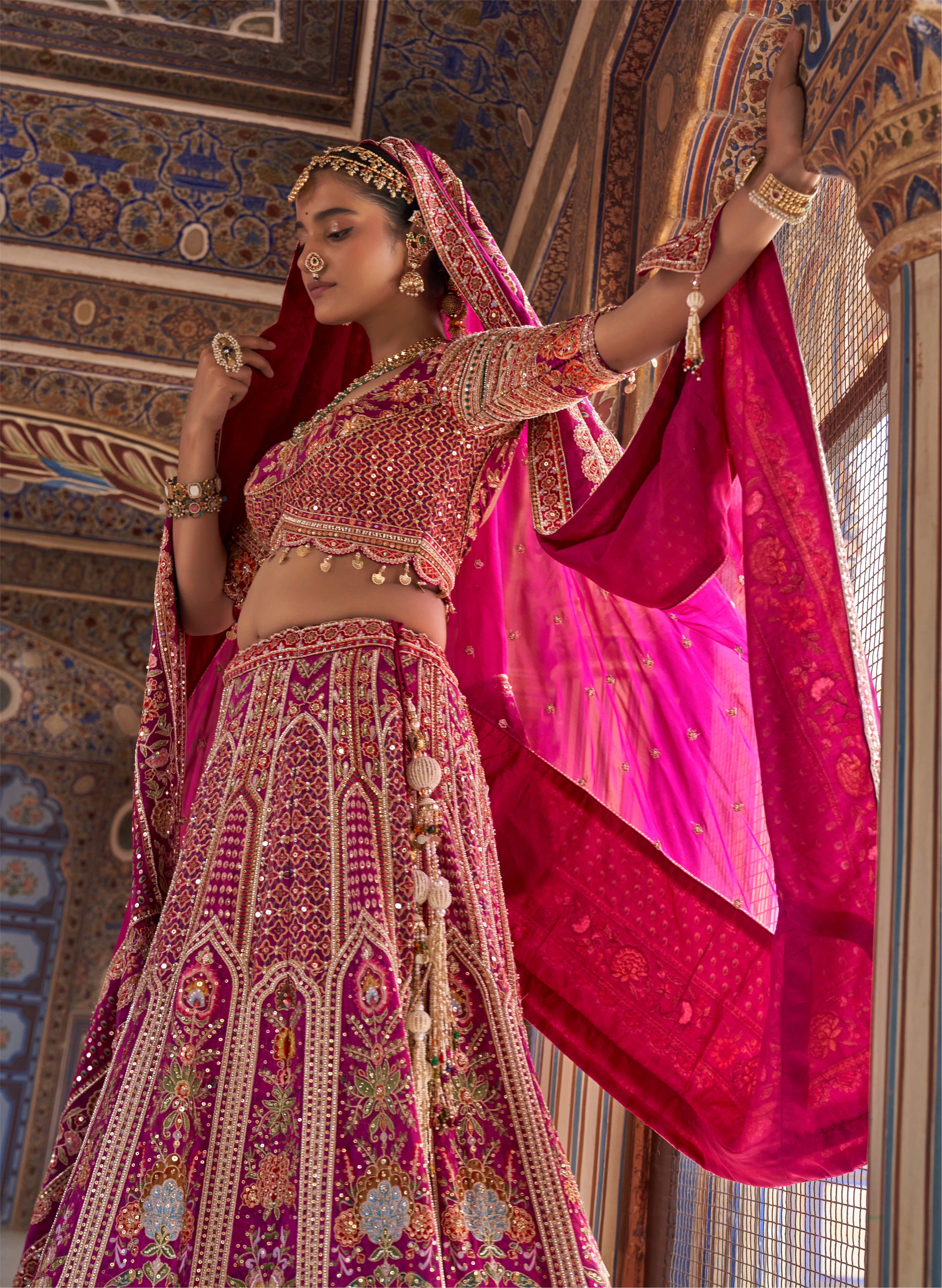 Grand Radiance | Rani Pink Pure Silk Resham Embroidered Bridal Lehenga Set | Palkhi Fashion