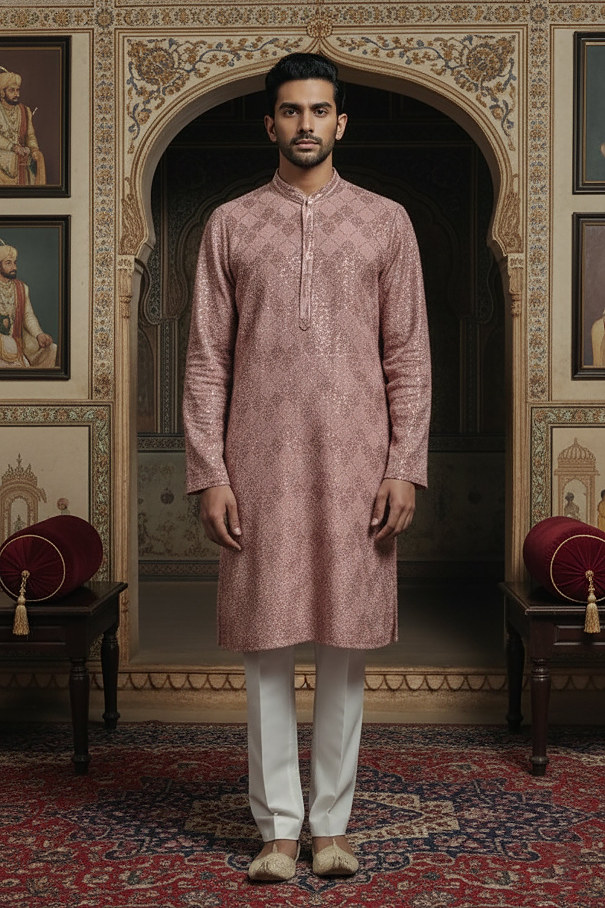 Mauve Sequin Embroidered Kurta Set with Off-White Pants – Palkhi Fashion