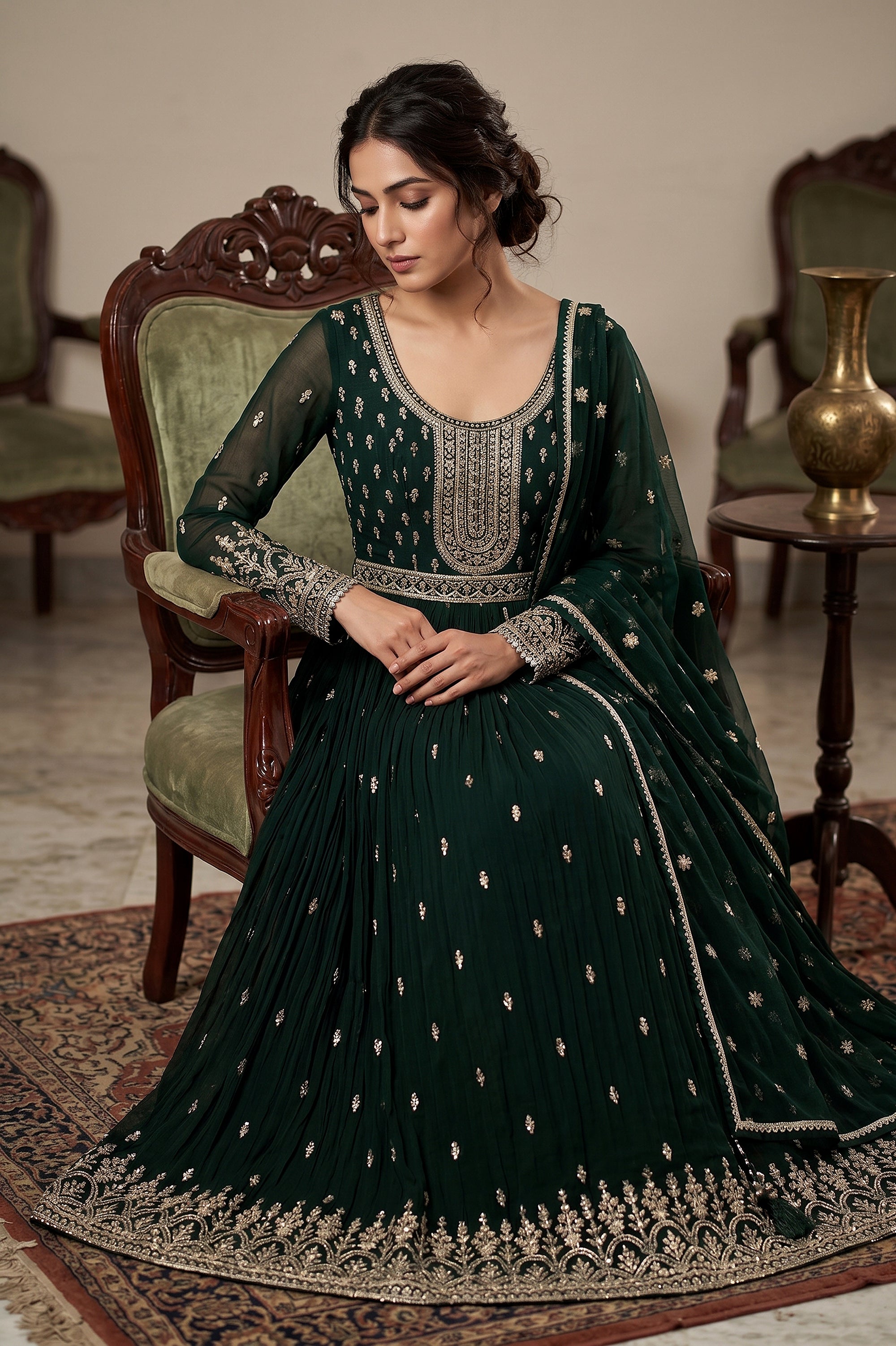 Majestic Emerald Green Georgette Anarkali Zari Work | Palkhi Fashion