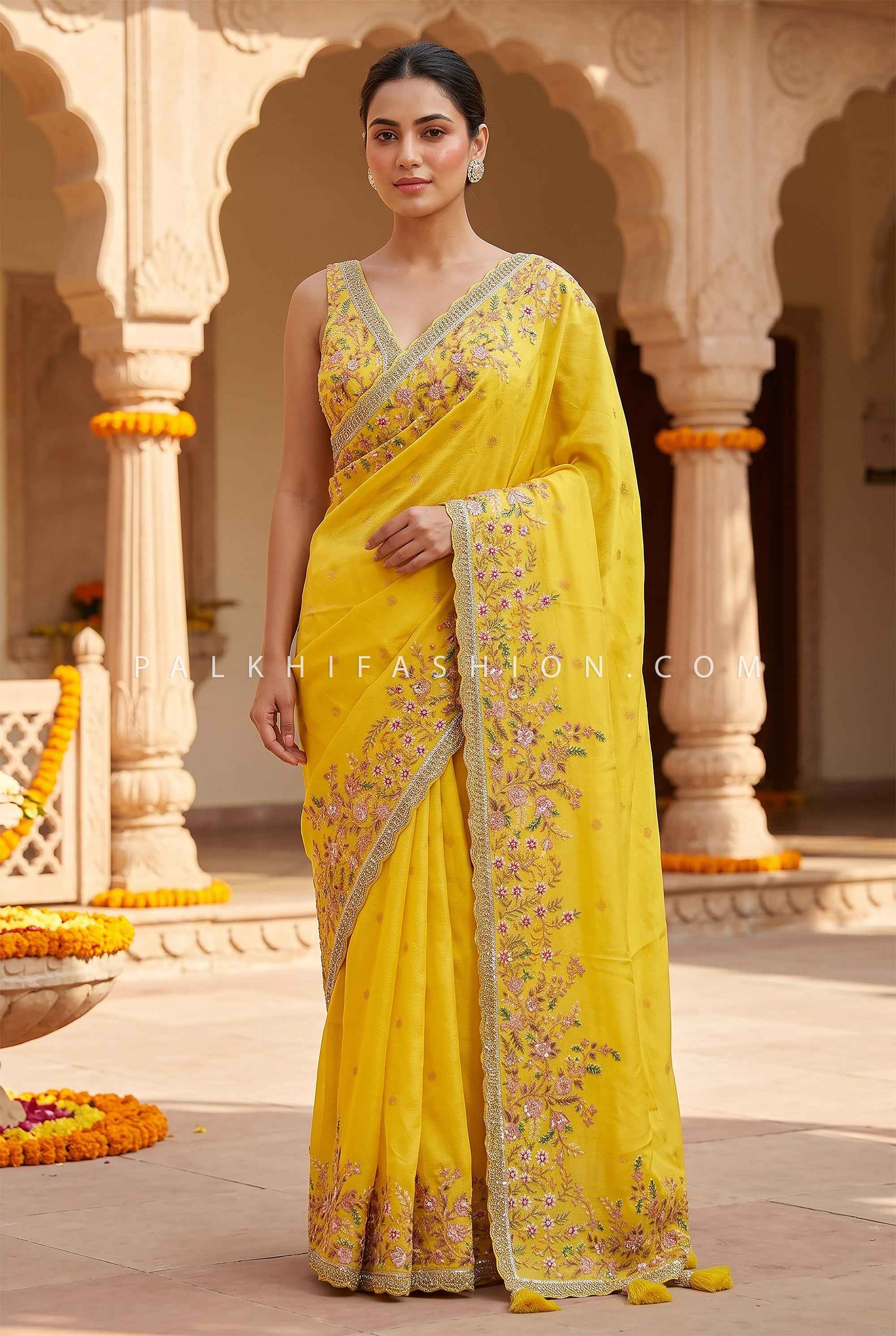 Noir Garden | Navy Couture Embroidered Designer Saree | Palkhi Fashion