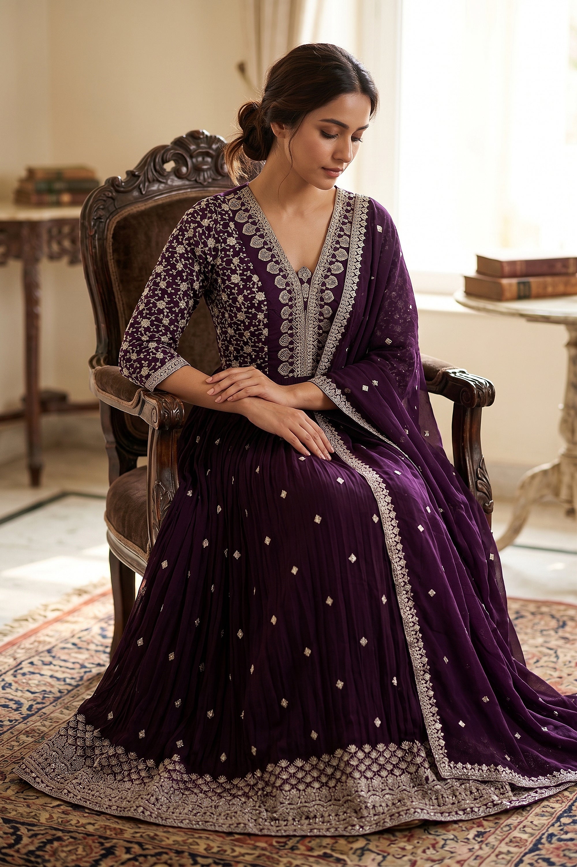 Elegant Deep Wine Silk Anarkali Suit Zari Work | Palkhi Fashion