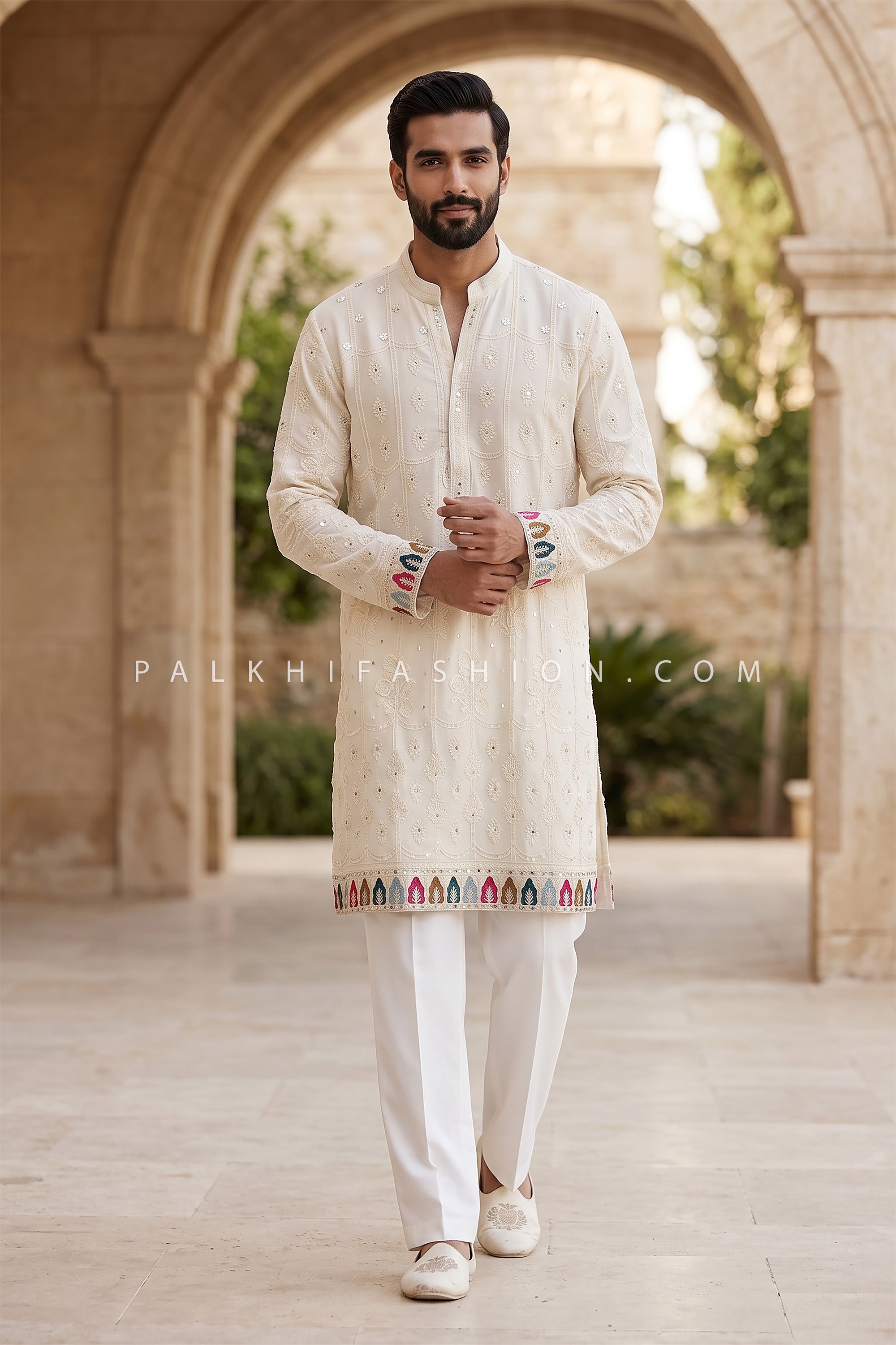 Royal Artisan Charm – Designer Embroidered Georgette Kurta with Korean Pants | Palkhi Fashion