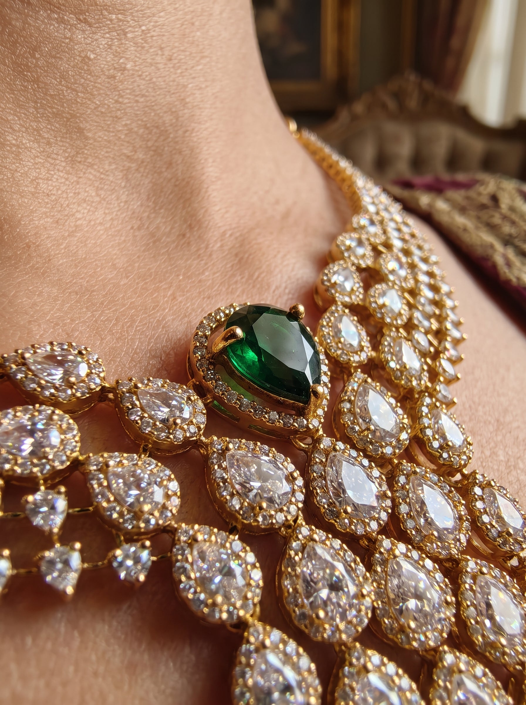 Elegant Gold and Diamond Jewelry Set with Emerald or Pink Stone | Palkhi Fashion