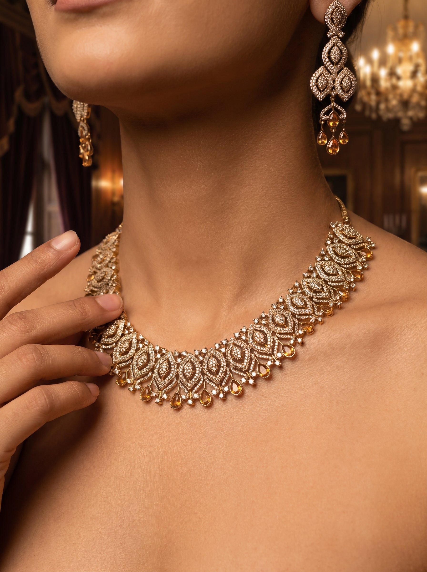 Golden Radiance | Gold Finish American Diamond Necklace Set with Champagne Teardrops | Palkhi Fashion