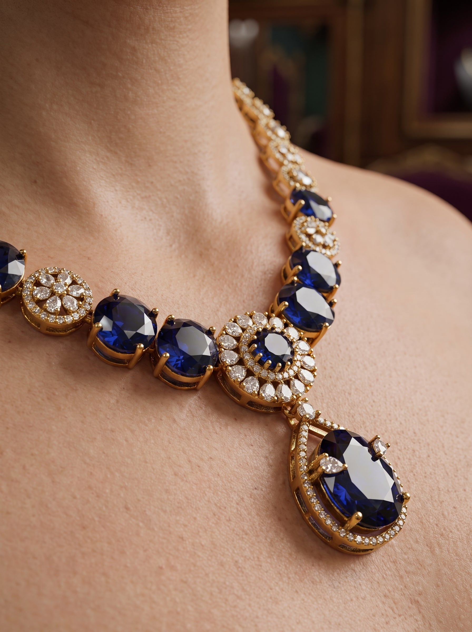 Royal Jewel | Gold Finish American Diamond Statement Necklace Set with Colored Gemstones | Palkhi Fashion