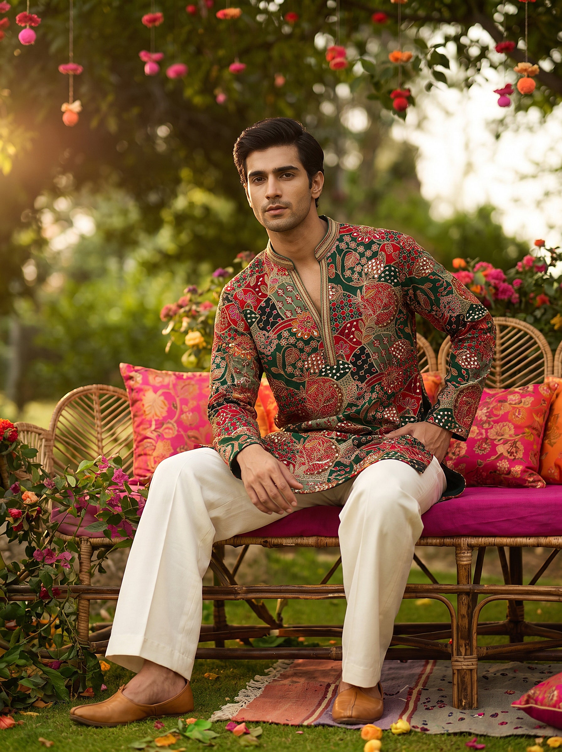 Majestic Emerald | Green and Red Silk Designer Kurta Set with Embroidery Work | Palkhi Fashion