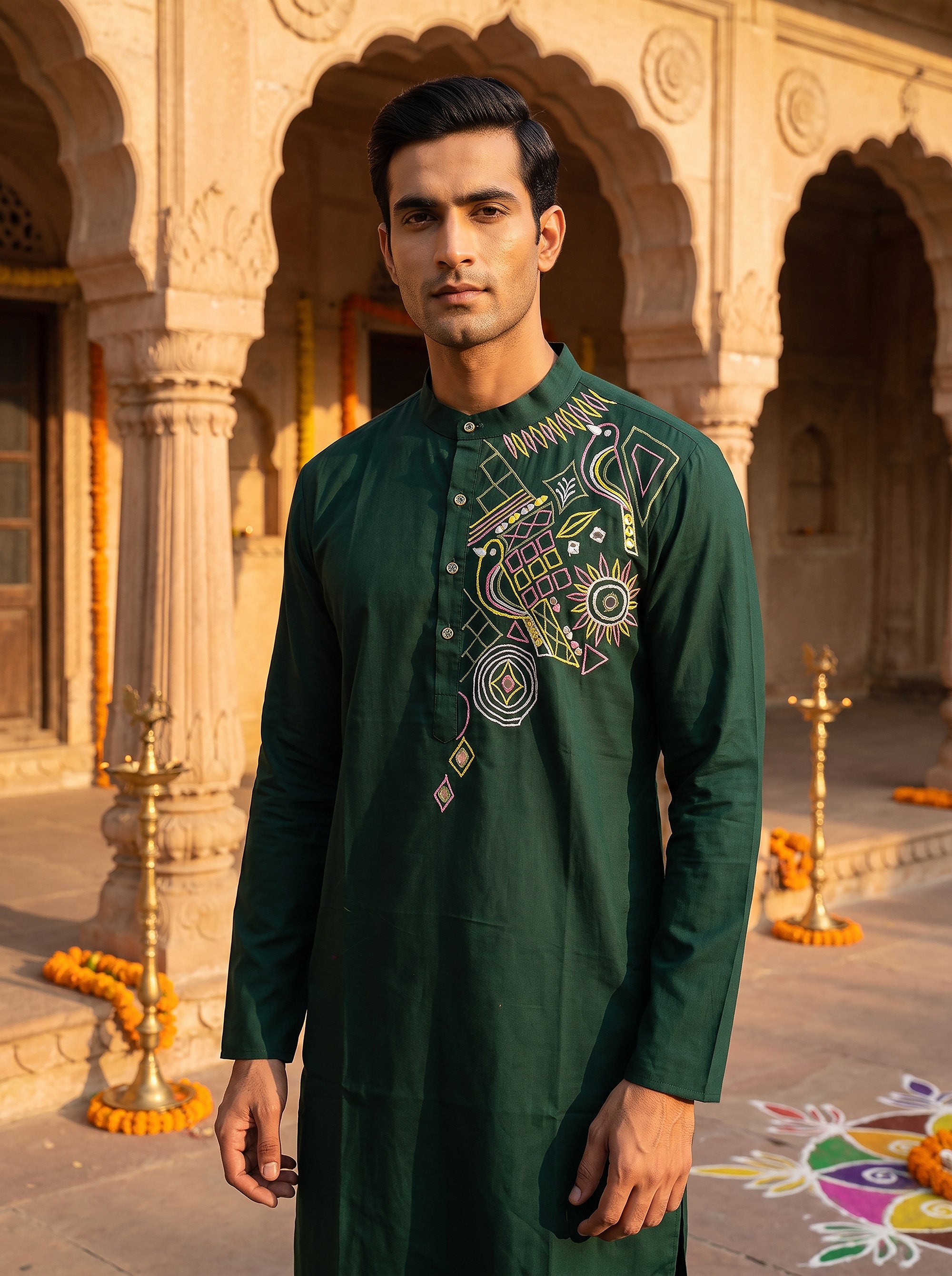 Mayur Raas | Bottle Green Premium Kurta Peacock Threadwork | Palkhi Fashion