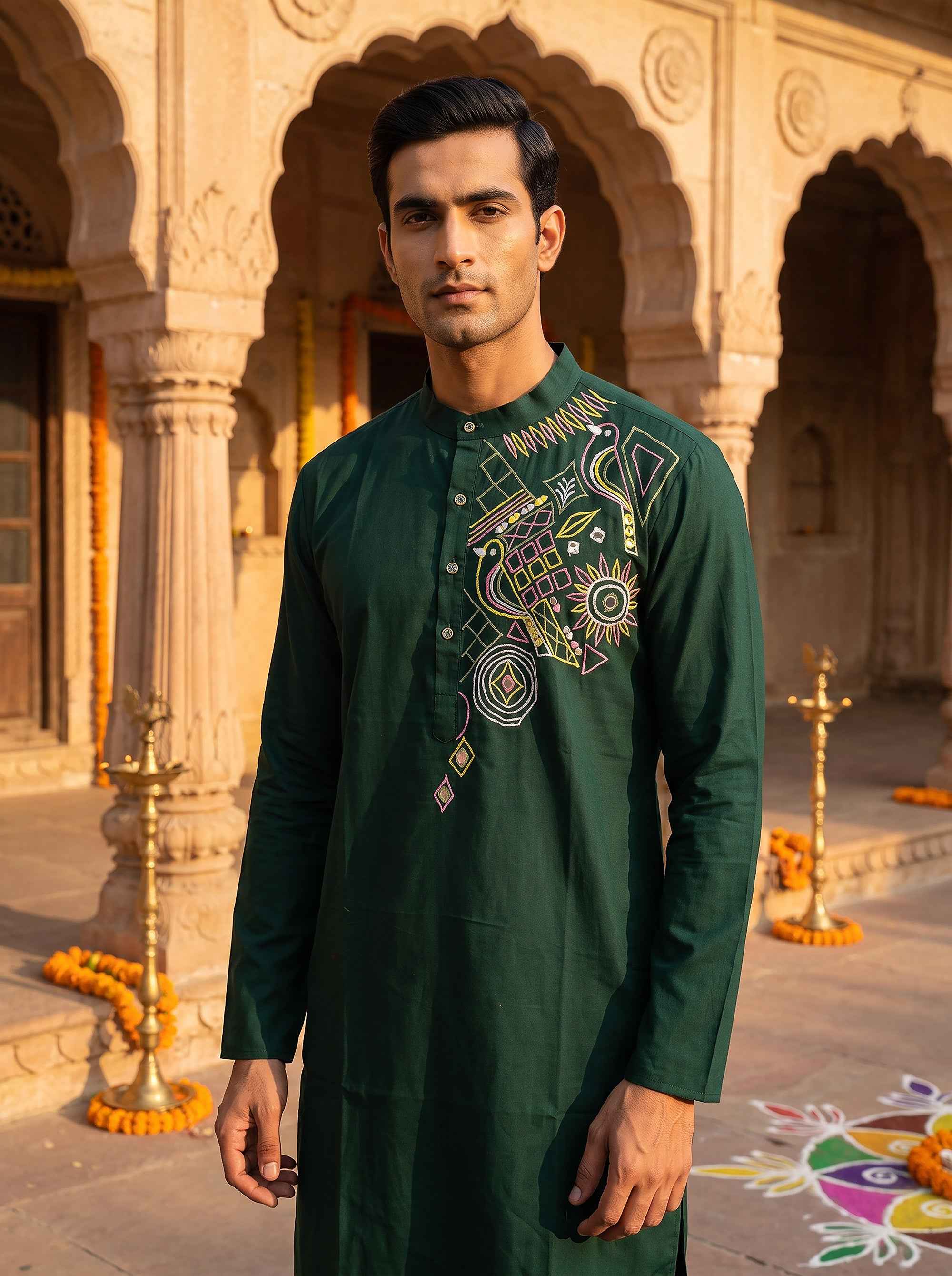 Mayur Raas | Bottle Green Navratri Kurta Peacock Threadwork | Palkhi Fashion