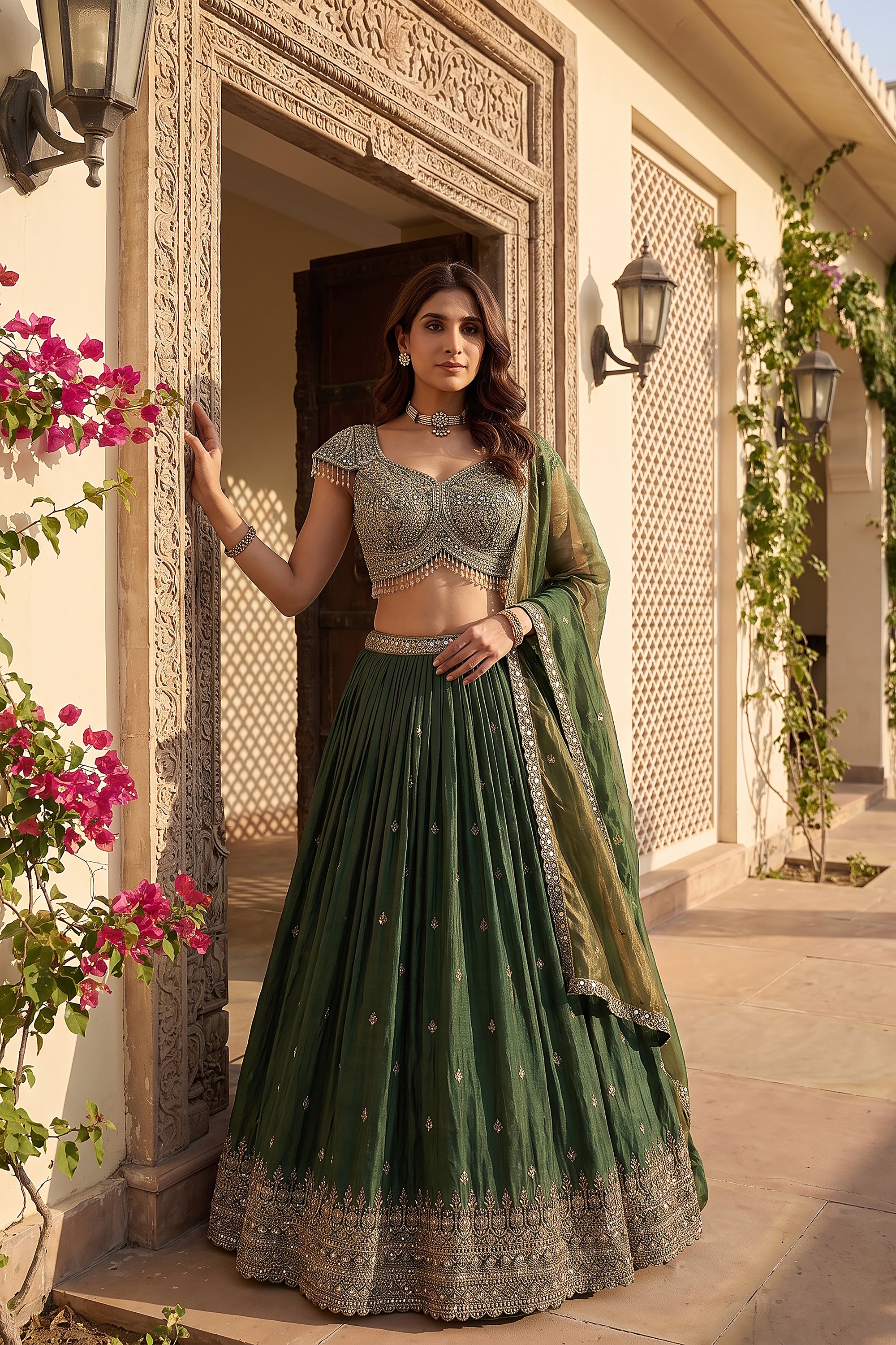 Emerald Majesty | Green Pure Tissue Silk Lehenga with Mirror Work & Cutdana Handwork | Palkhi Fashion