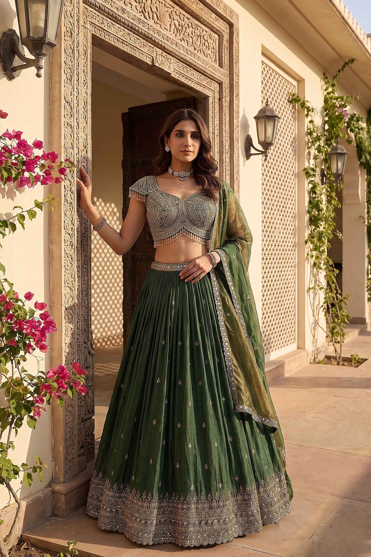 Emerald Majesty | Green Pure Tissue Silk Lehenga with Mirror Work & Cutdana Handwork | Palkhi Fashion