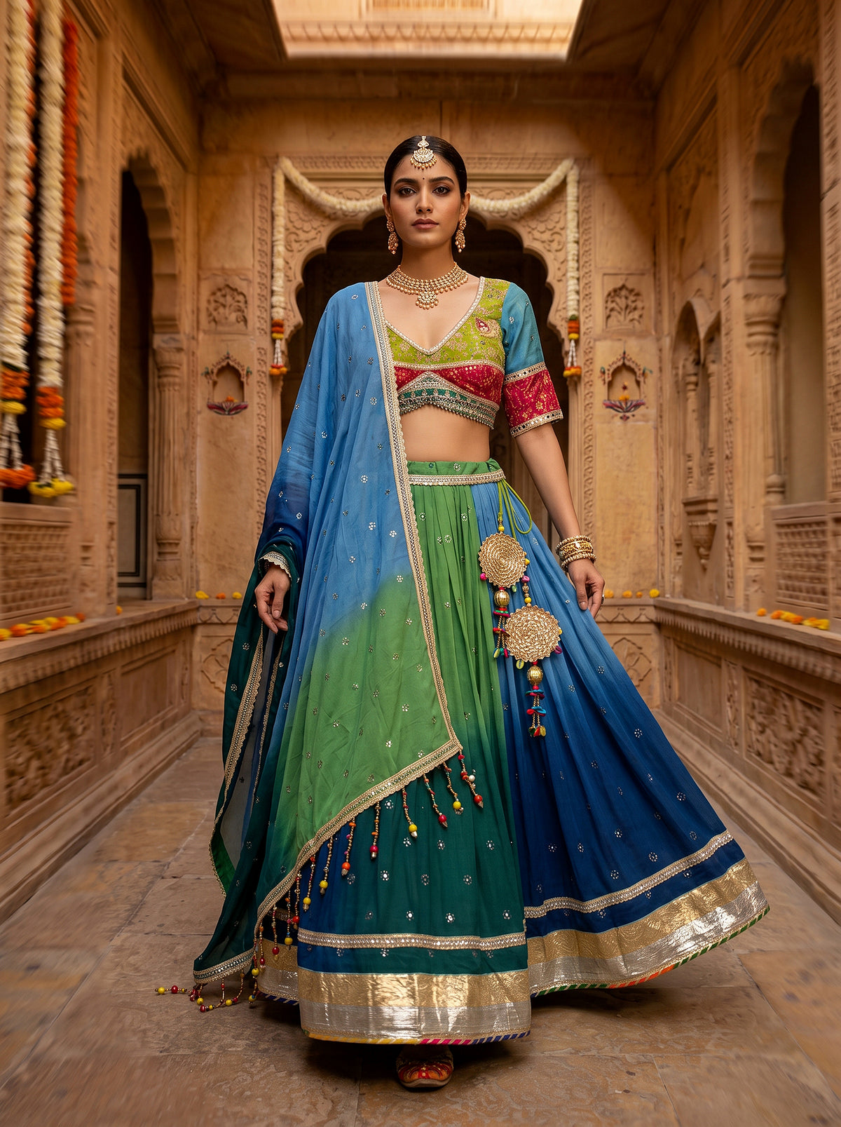 Festive Vibrance | Green & Blue Ombre Georgette Chaniya Choli with Bandhej Print | Palkhi Fashion