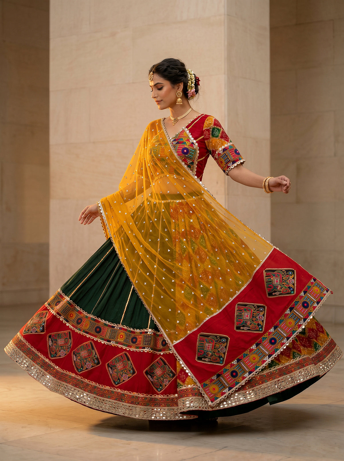Vibrant Festive Radiance | Green and Red Bandhej Chaniya Choli with Mirror Work | Palkhi Fashion