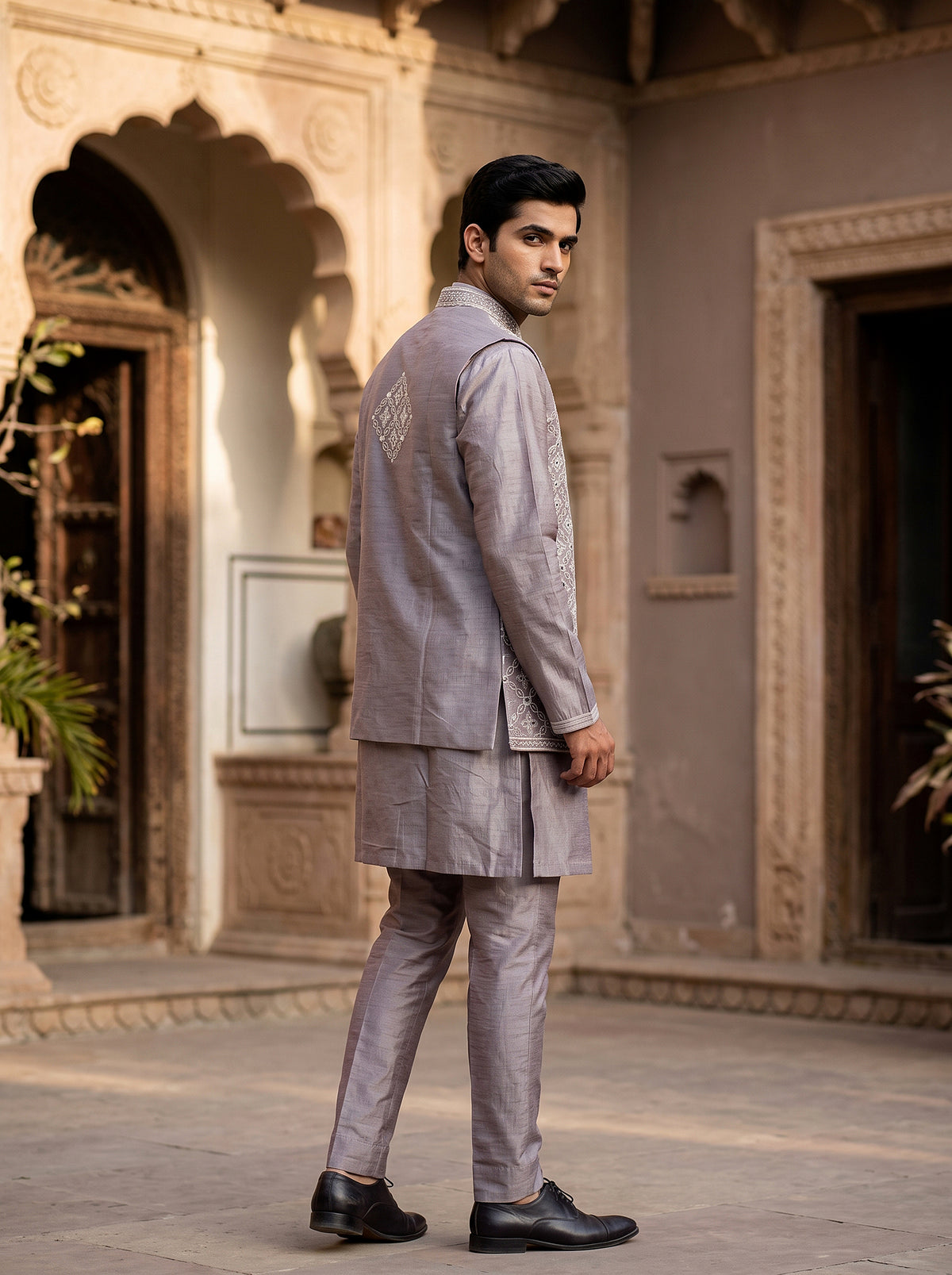 Regal Silver Gleam | Grey Raw Silk Kurta Set with Mirror Work Jacket | Palkhi Fashion