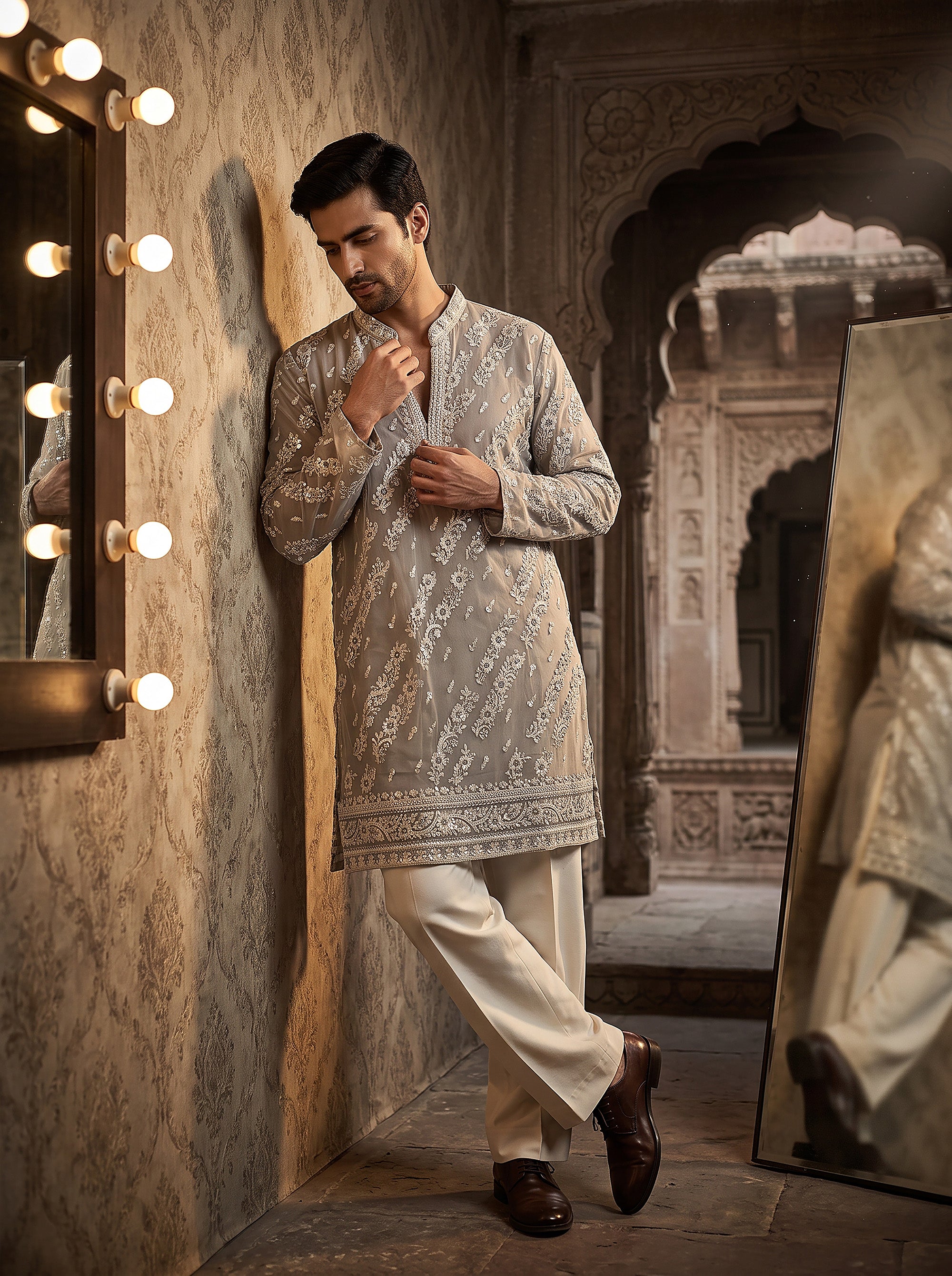 Silver Ash Elegance | Grey Soft Net Mens Kurta Set with Sequin Embroidery | Palkhi Fashion