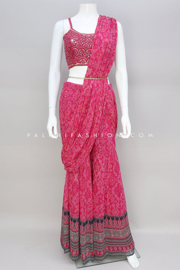 Refined Rani Pink Palazzo Outfit With Attached Drape