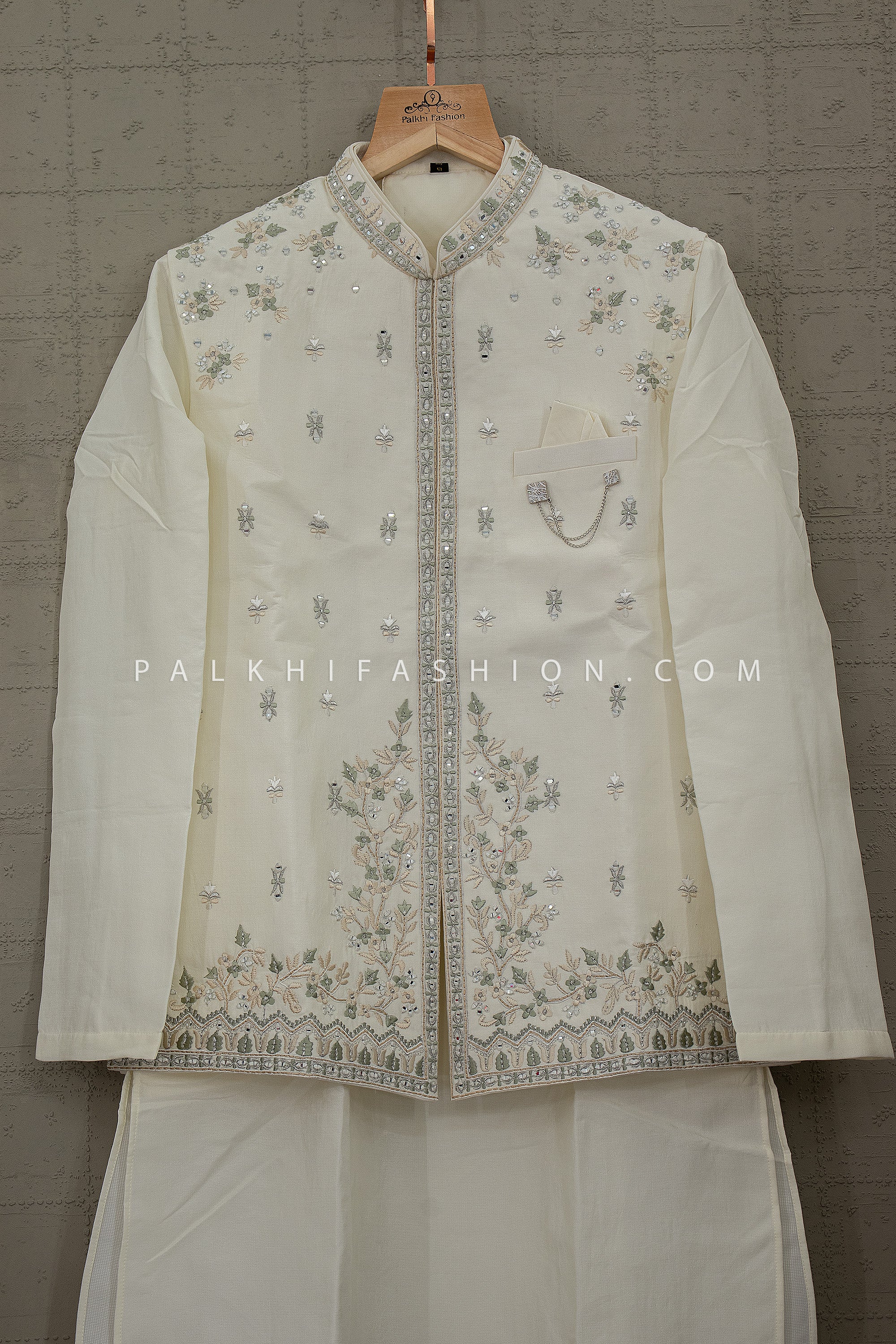 Royal Pearl Legacy - Designer Semi Indo Ivory Mirror Work Kurta Set for Men | Palkhi Fashion