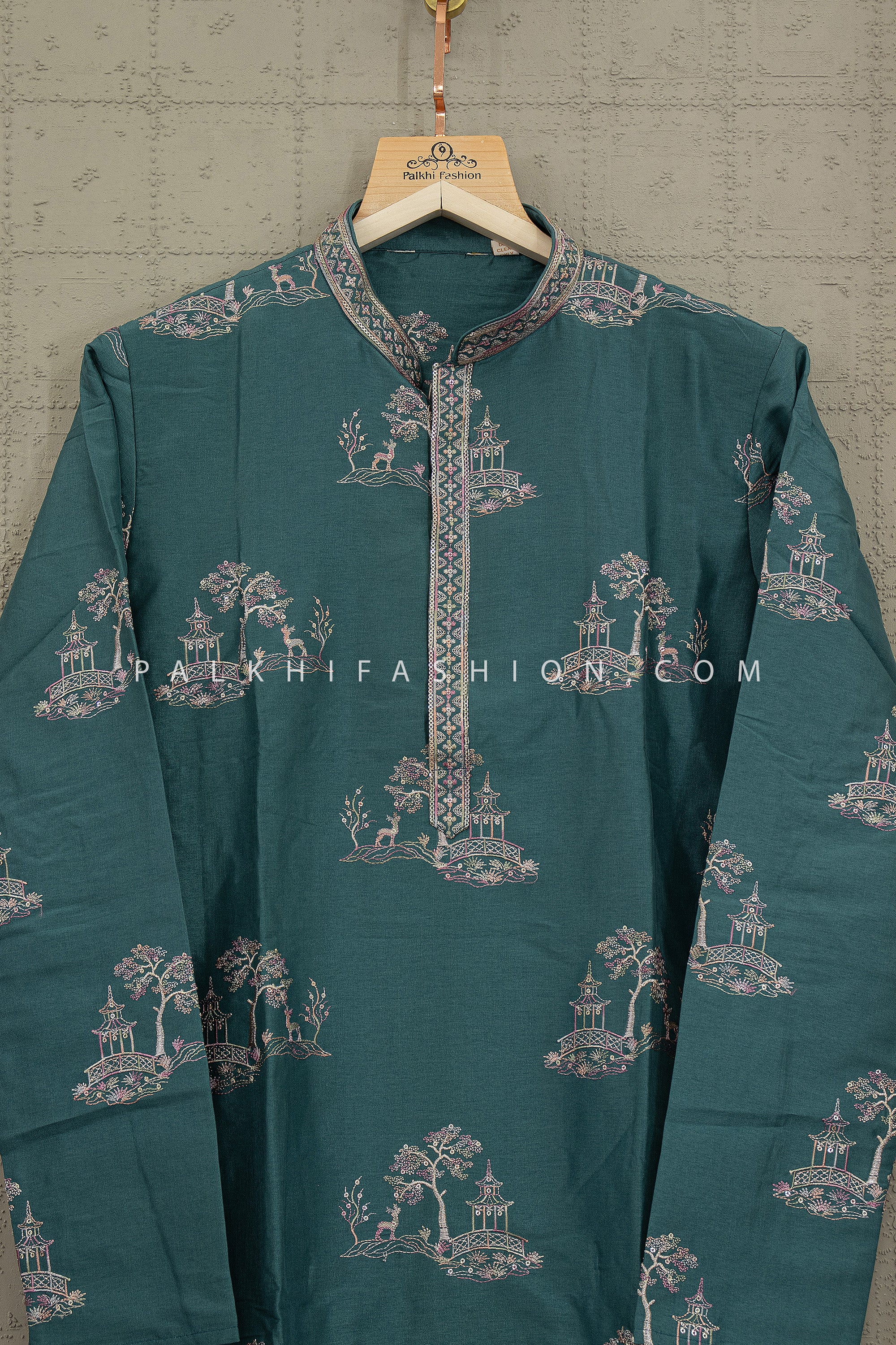 Regal Scenic Statement – Teal Embroidered Designer Kurta for Men | Palkhi Fashion