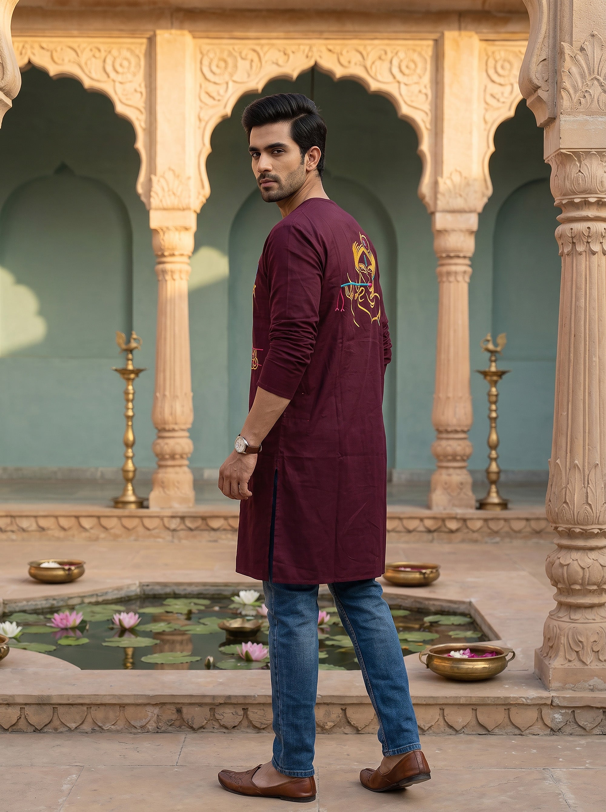 Shyam Murli | Wine Krishna Embroidered Men's Kurta | Palkhi Fashion