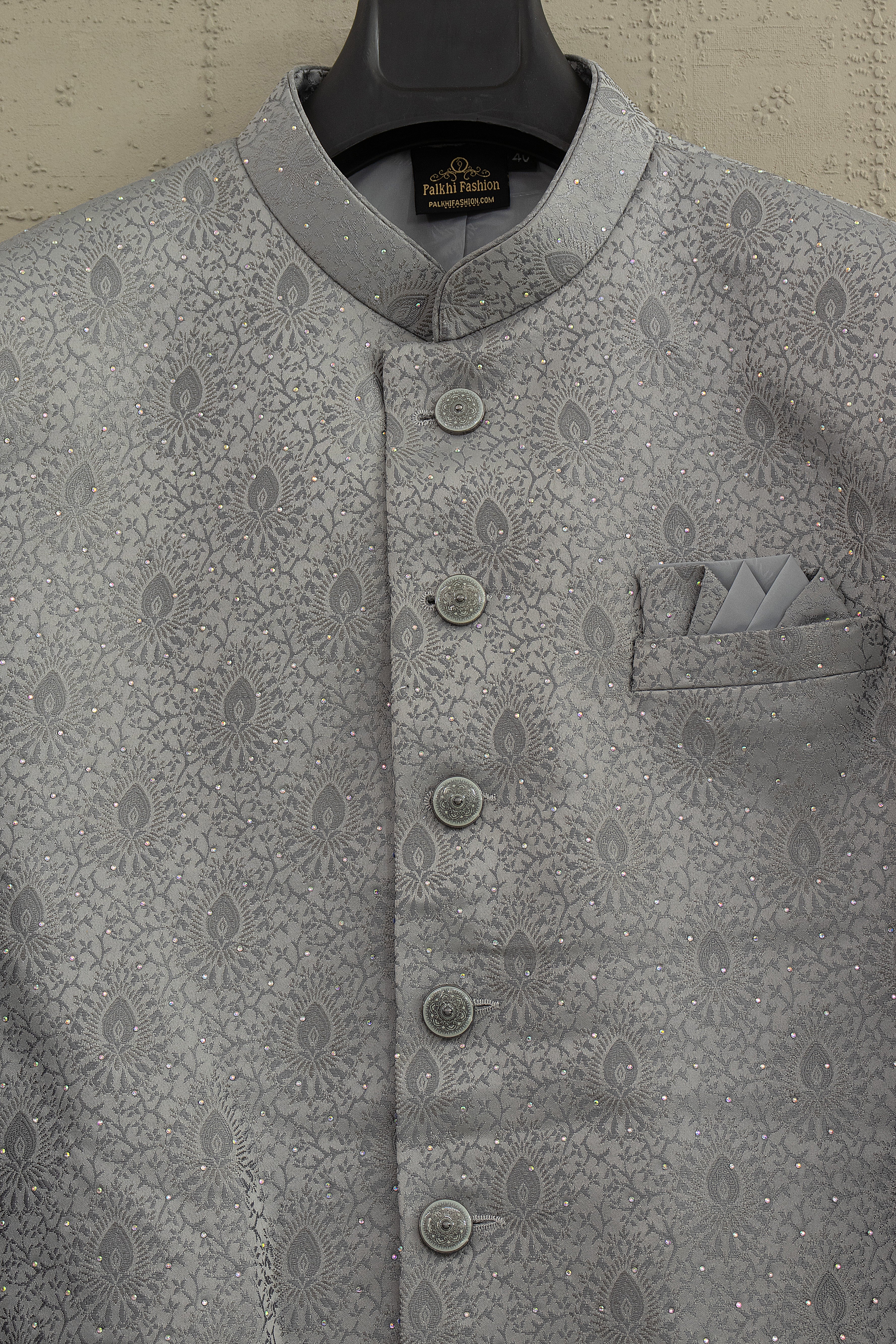 Majestic Grey | Jacquard Jodhpuri Suit with Stone Work | Palkhi Fashion