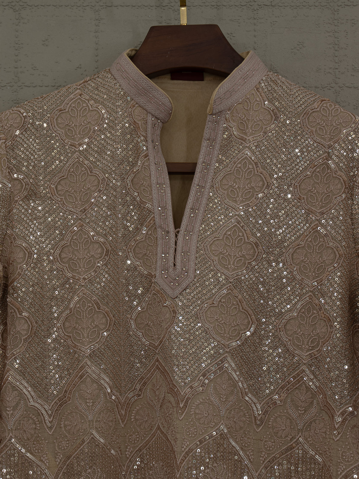 Regal Radiance | Designer Champagne Georgette Mens Kurta Handwork | Palkhi Fashion