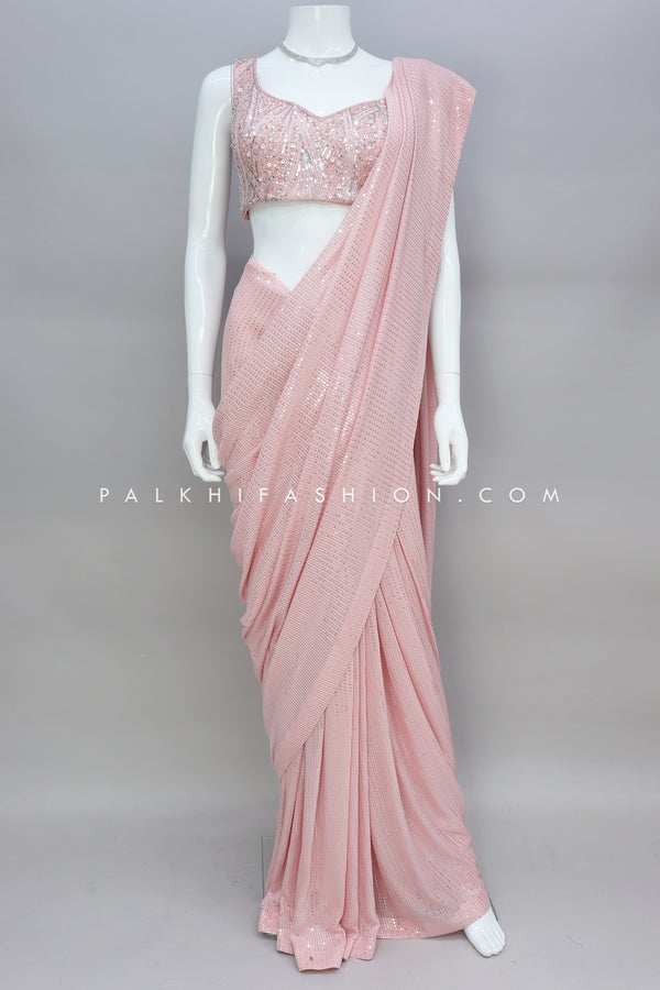 Indian Designer Sequin Saree In Pretty Peach Color