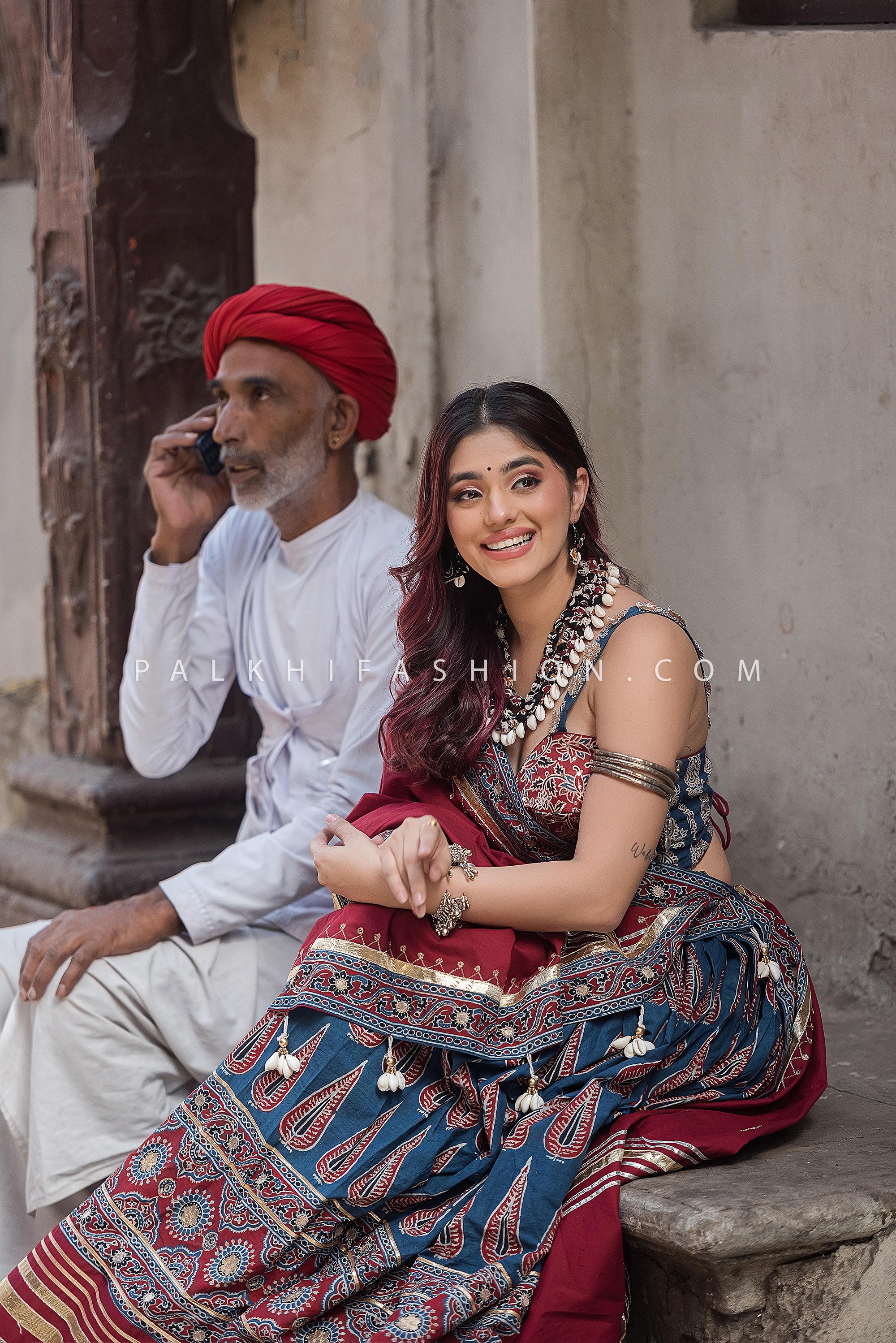 Nomad Heritage – Indigo Maroon Ajrakh Print Chaniya Choli with with Artisan Tribal Blouse | Palkhi Fashion