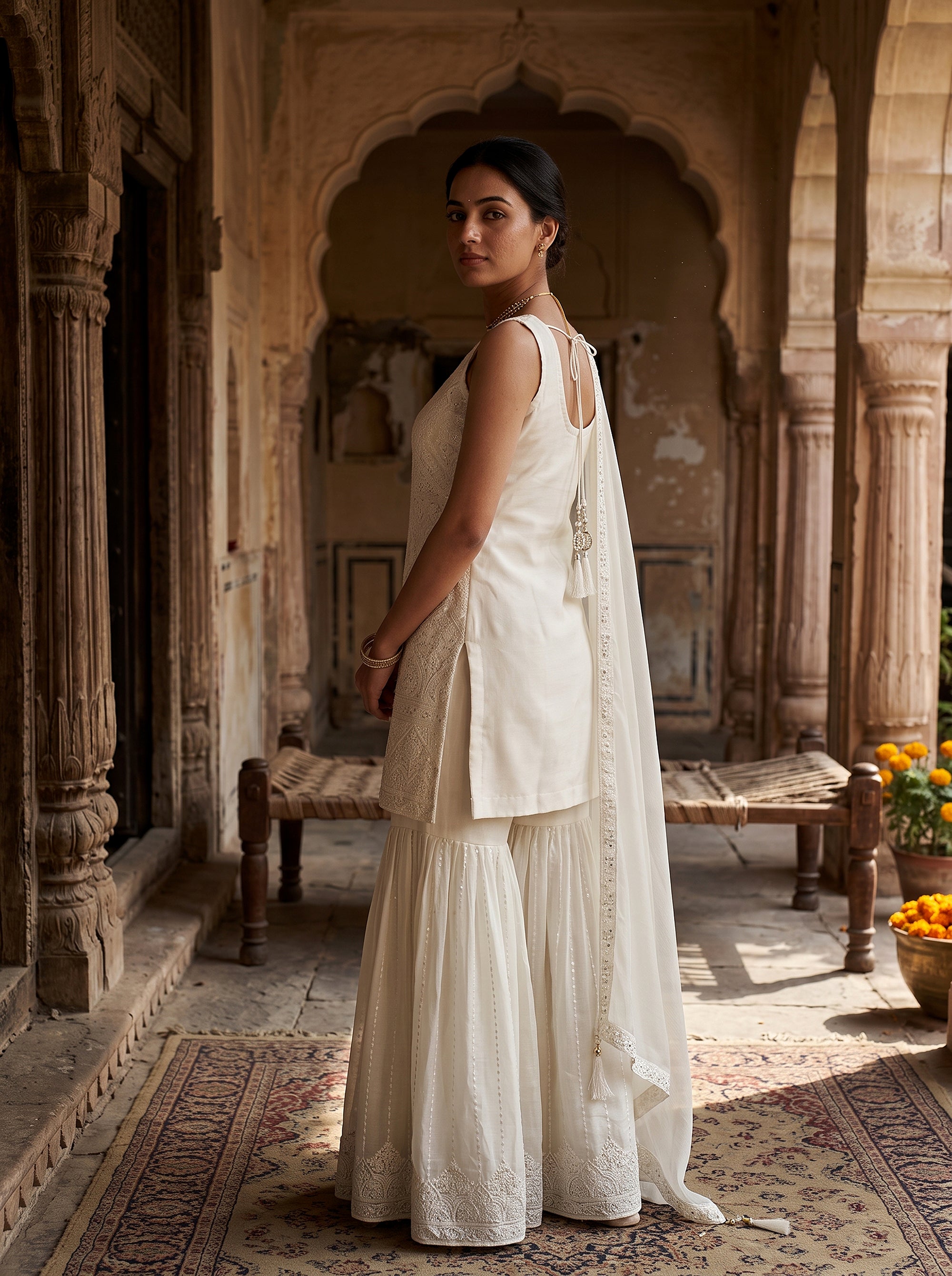 Elegant Off-White Sleeveless Kurta and Flared Palazzo Set | Palkhi Fashion