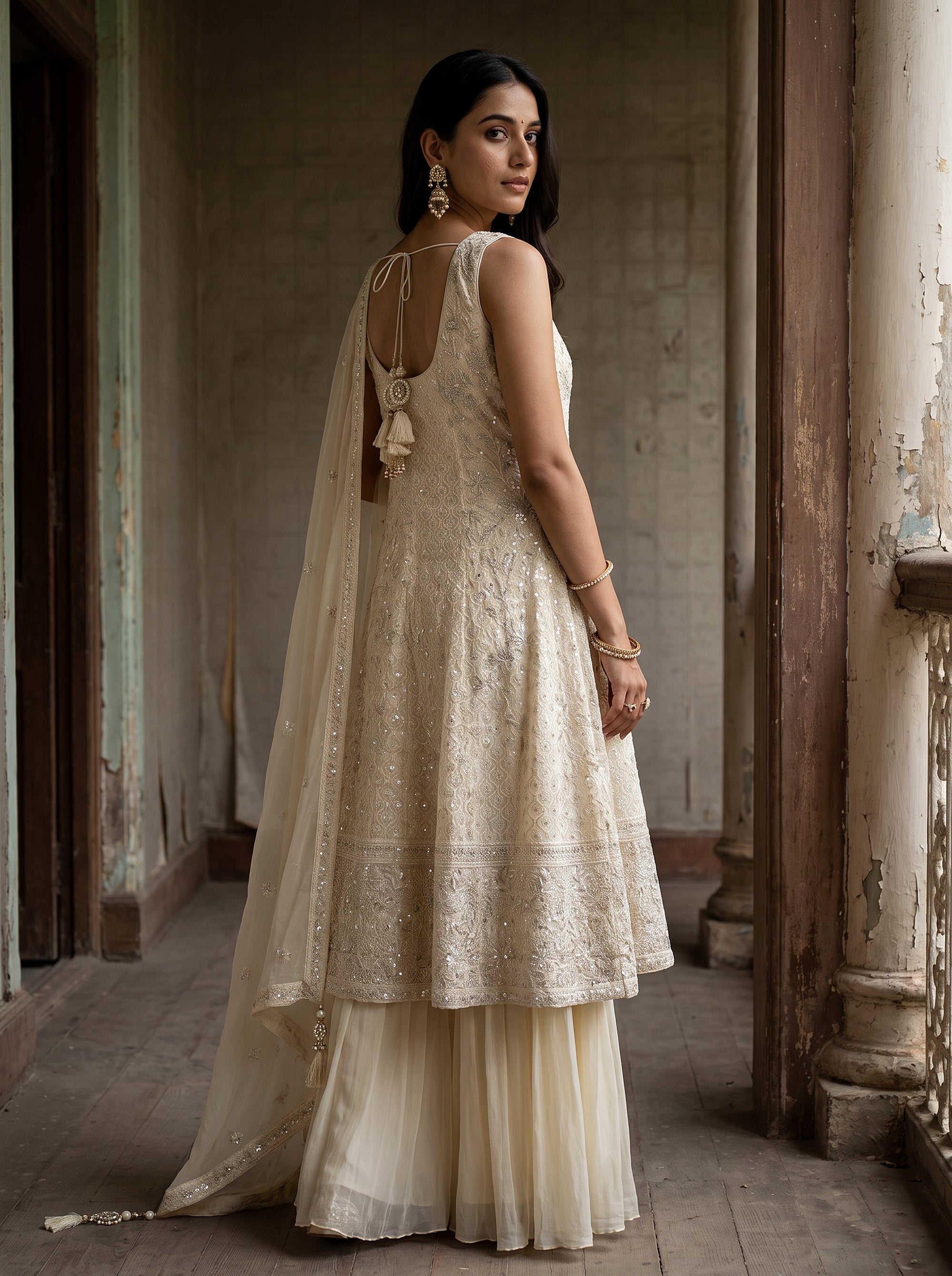 Ivory Radiance | Cream Embroidered Sleeveless Kurta Palazzo Suit | Palkhi Fashion