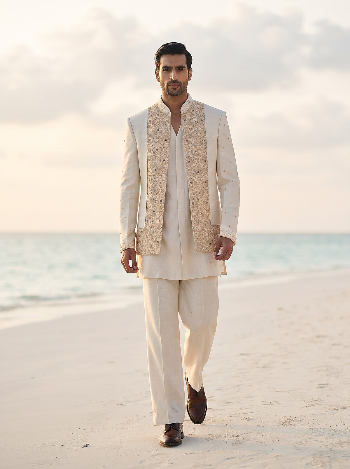 Linen Majesty | Ivory Pure Linen Cutwork Indo-Western Set with Artisanal Lace & Handwork | Palkhi Fashion