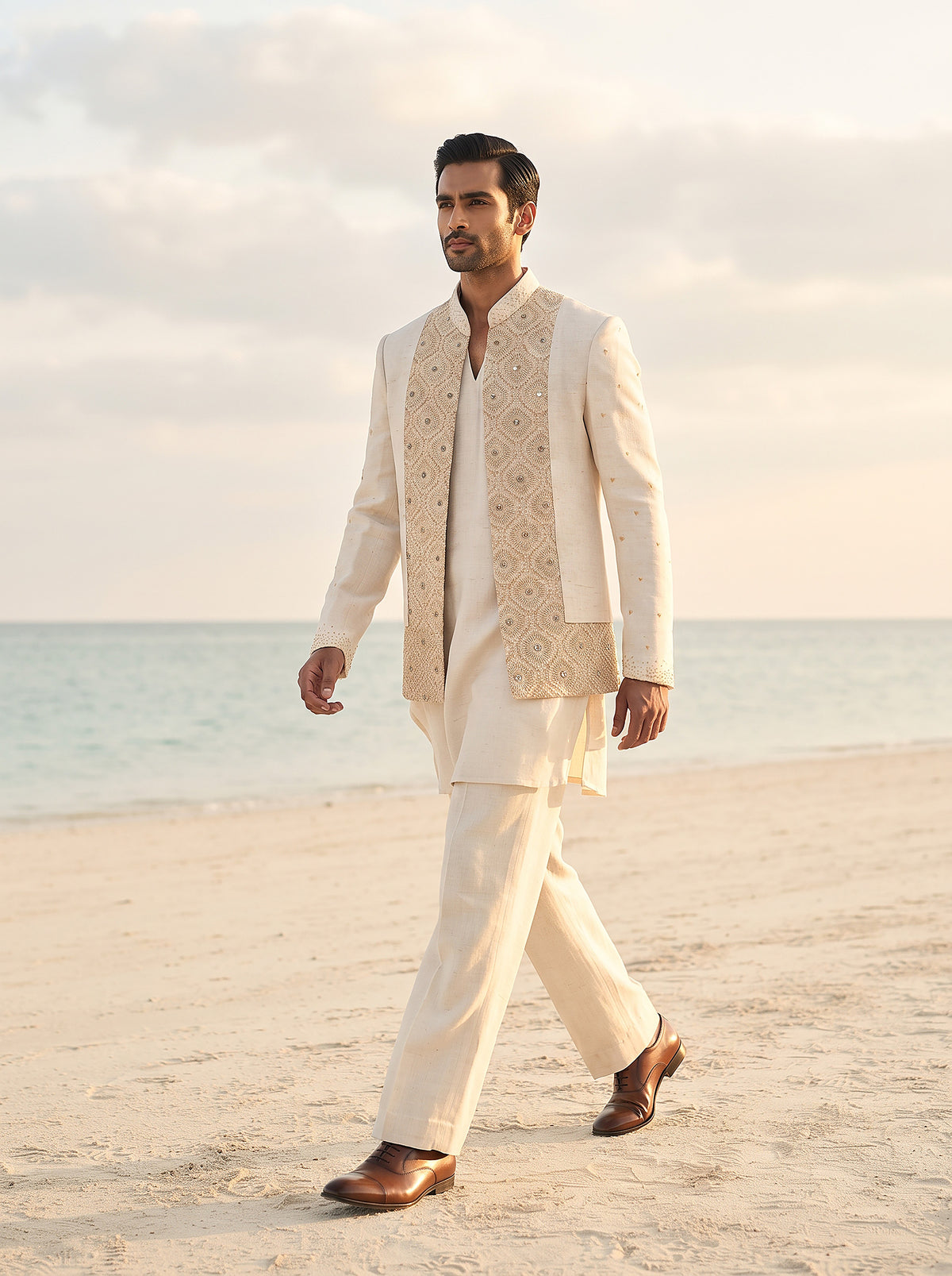 Linen Majesty | Ivory Pure Linen Cutwork Indo-Western Set with Artisanal Lace & Handwork | Palkhi Fashion
