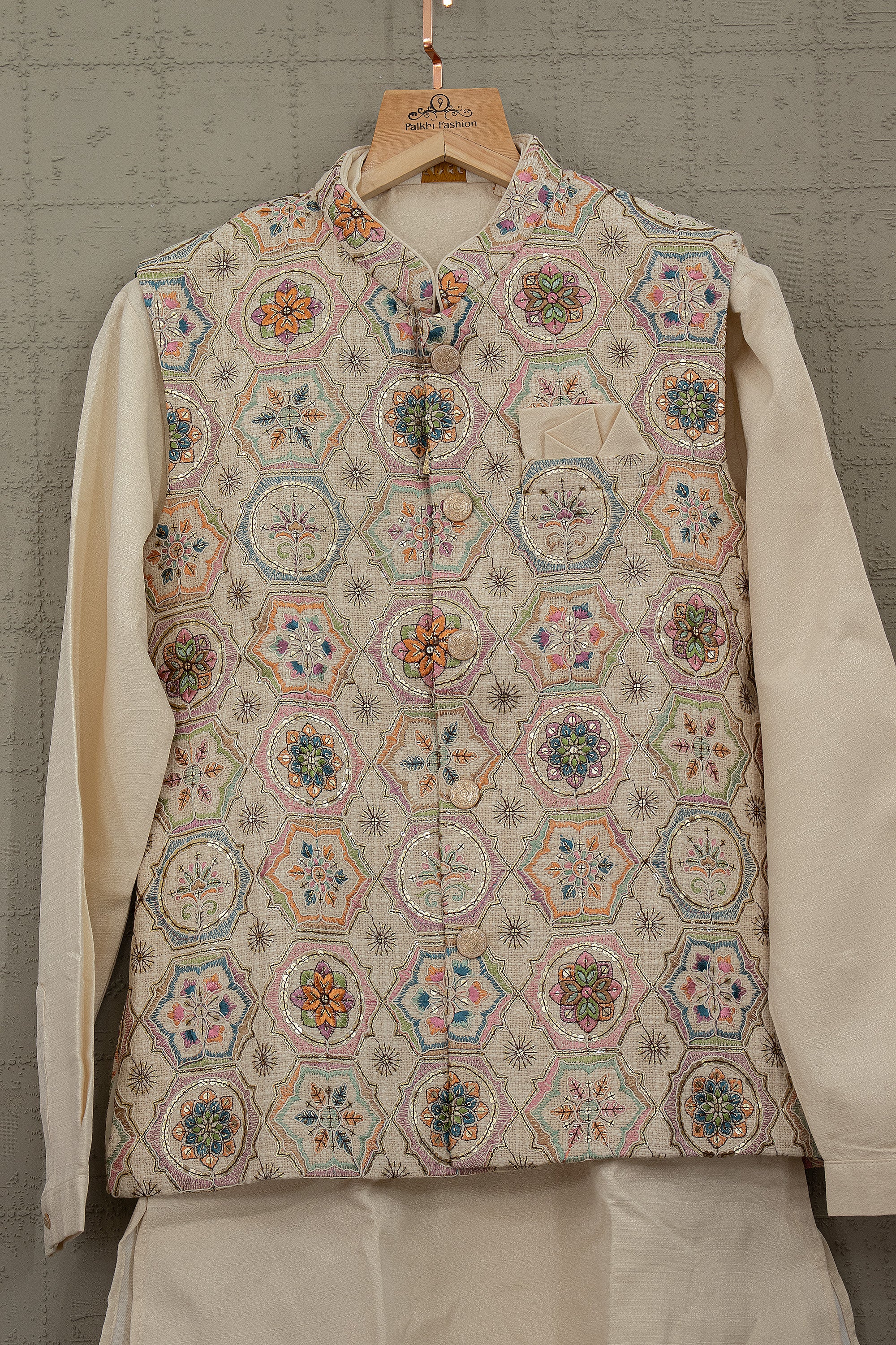 Ivory Mosaic Crest - Designer Jute Jacket Kurta Set with Appealing Work | Palkhi Fashion