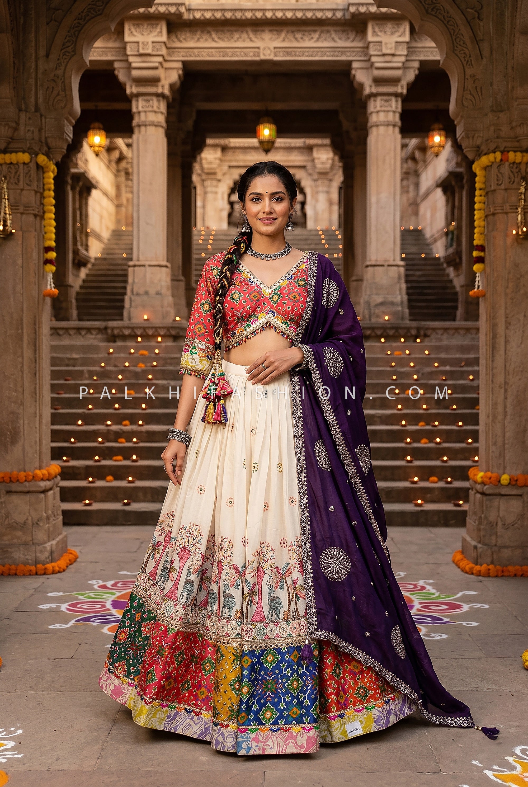 Navratri Majesty – Ivory Patola Inspired Chaniya Choli with Embellished Dupatta | Palkhi Fashion