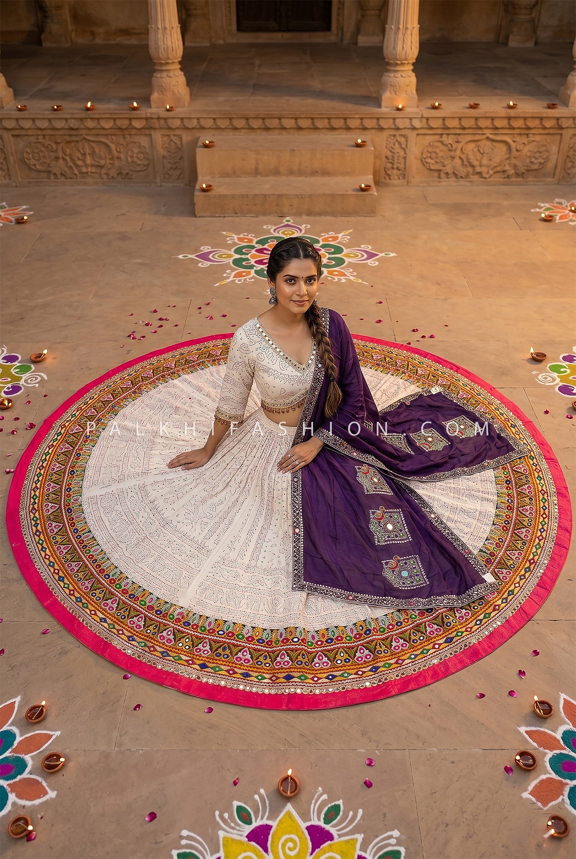 Garba Grace – White Navratri Chaniya Choli with Bandhani Grace & Peacock Dupatta | Palkhi Fashio