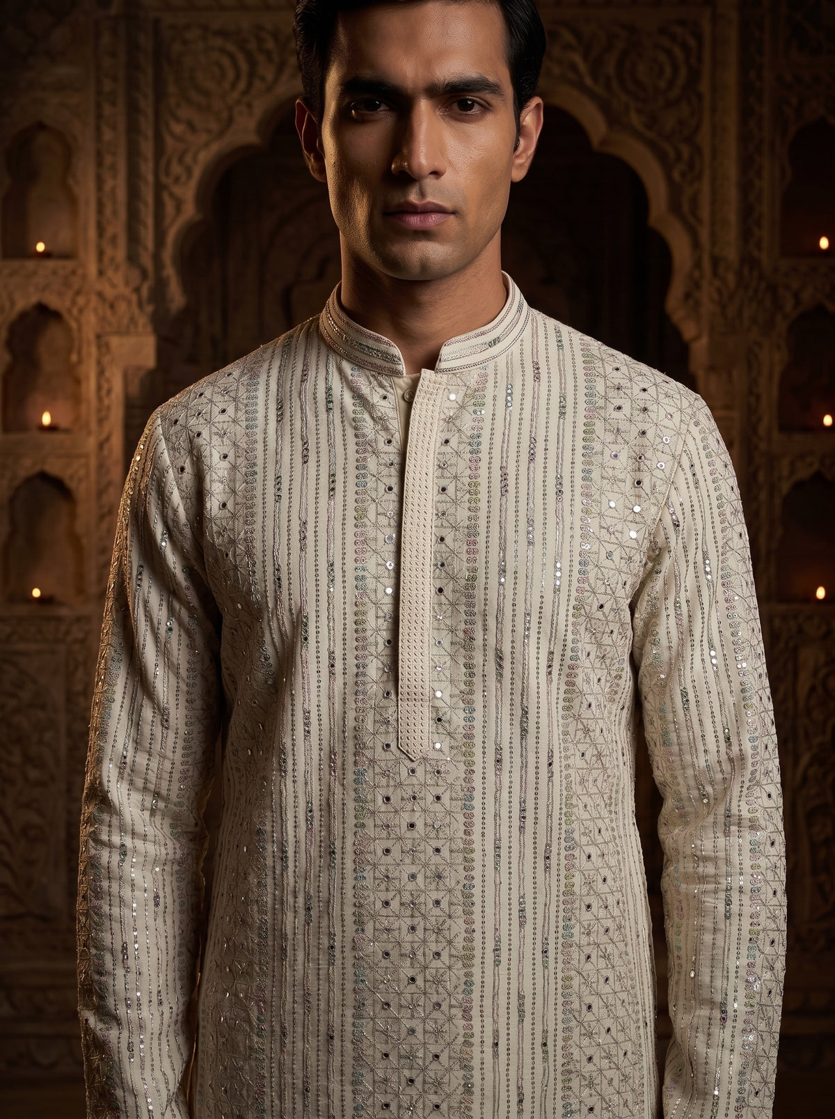 Pastel Elegance | Off-White Pure Georgette Resham & Mirror Work Mens Kurta Set | Palkhi Fashion