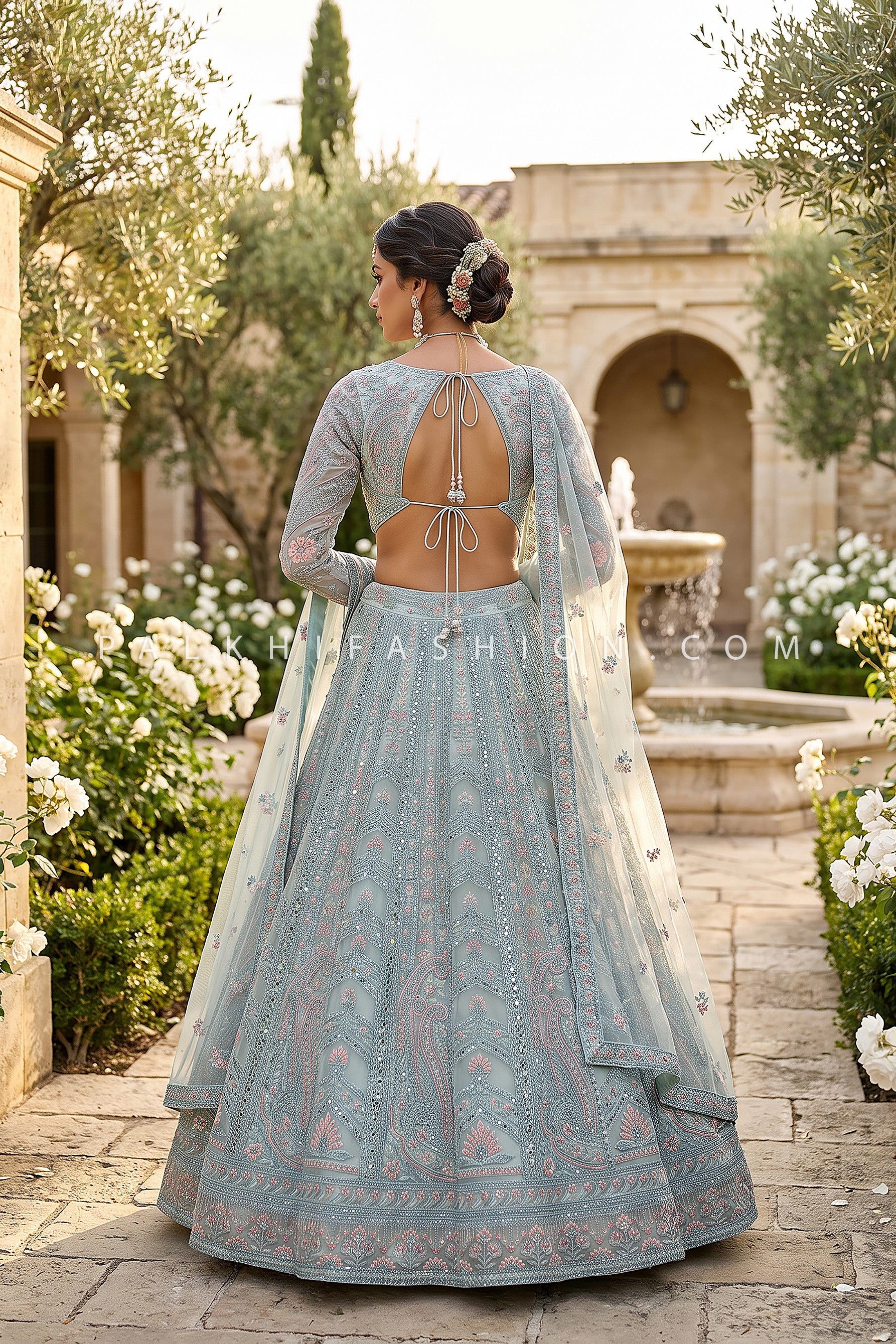 Regal Powder Blue Couture Lehenga Choli with Designer Blouse | Palkhi Fashion