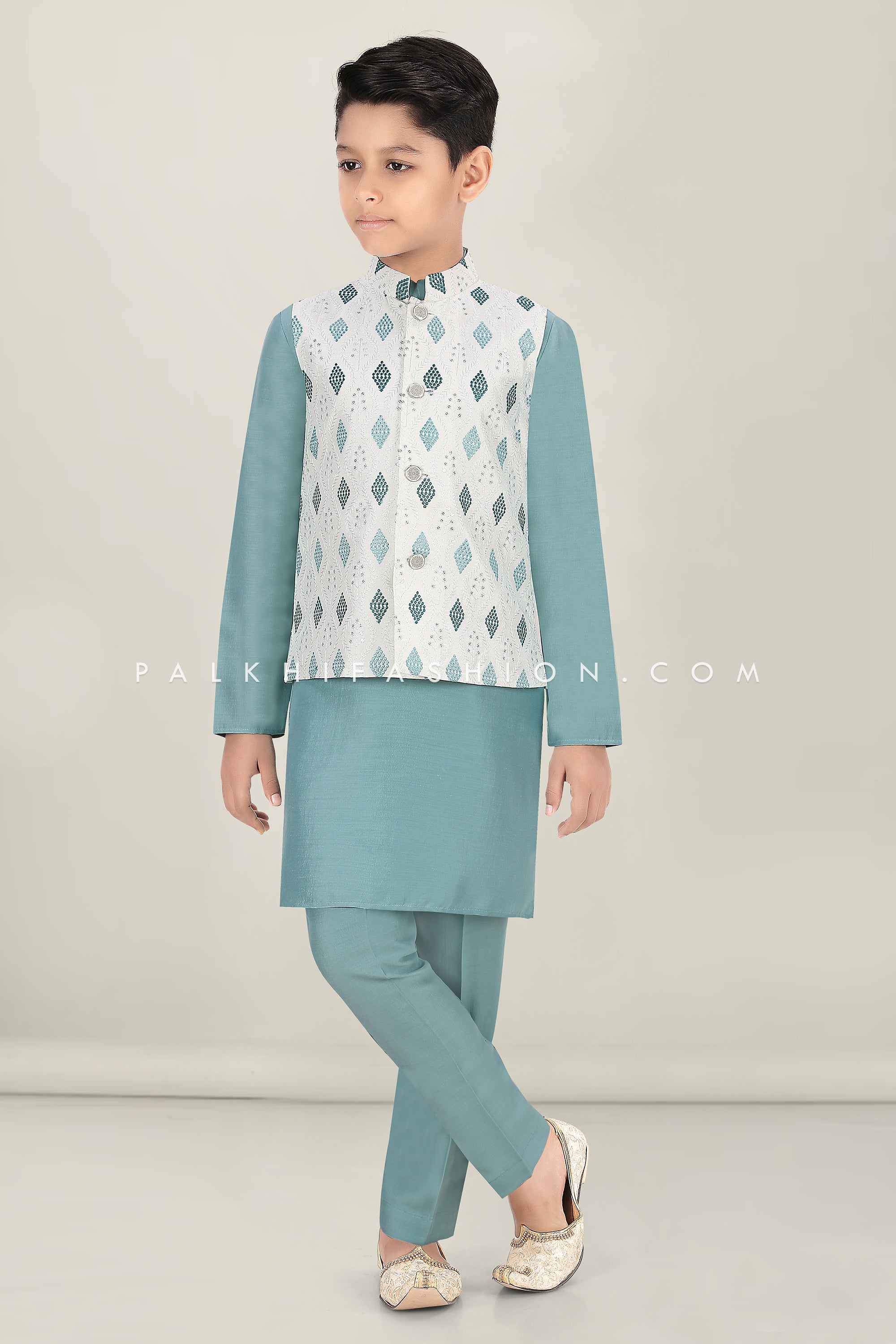 Light Blue Boys Jacket Kurta Set with Chikankari Embroidery – Palkhi Fashion