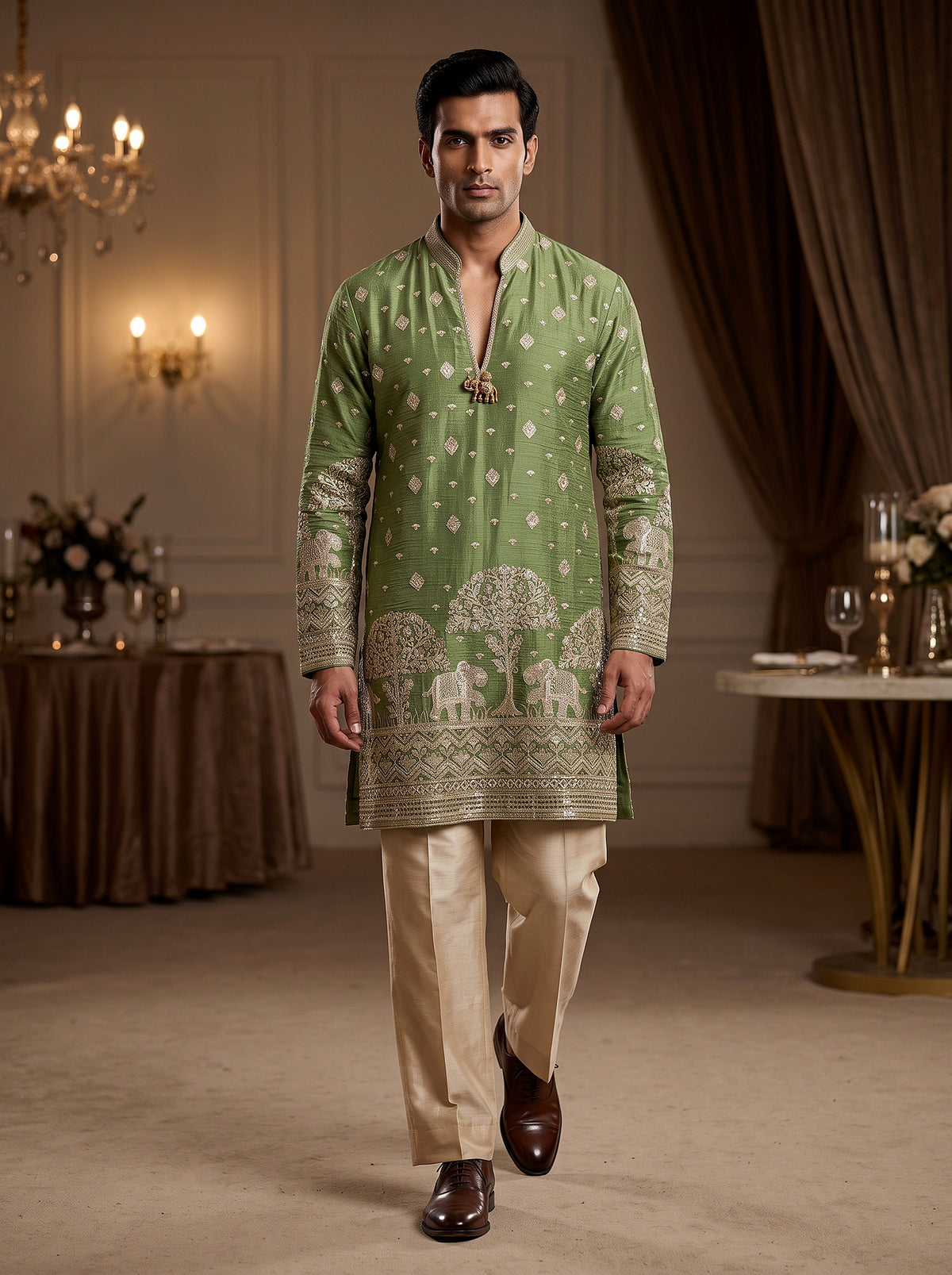 Regal Heritage | Light Green Tissue Silk Men's Kurta Set with Heritage Embroidery | Palkhi Fashion