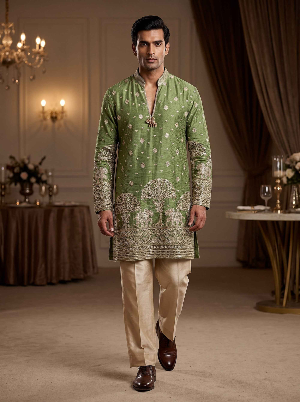 Regal Heritage | Light Green Tissue Silk Men's Kurta Set with Heritage Embroidery | Palkhi Fashion