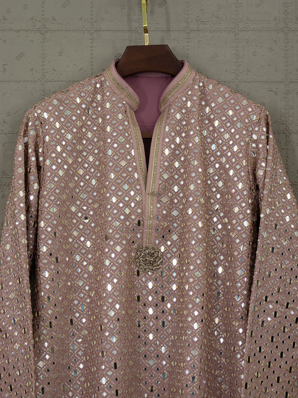 Regal Radiance | Light Mauve Georgette Foil Mirror Kurta Set | Palkhi Fashion