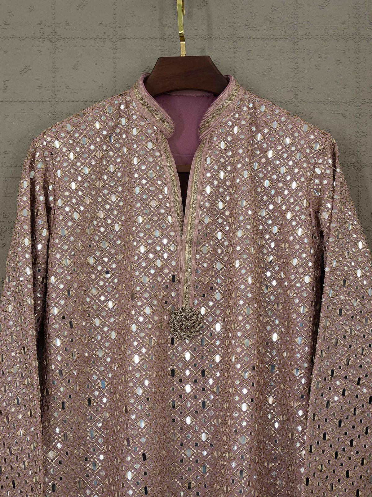 Regal Radiance | Light Mauve Georgette Foil Mirror Kurta Set | Palkhi Fashion