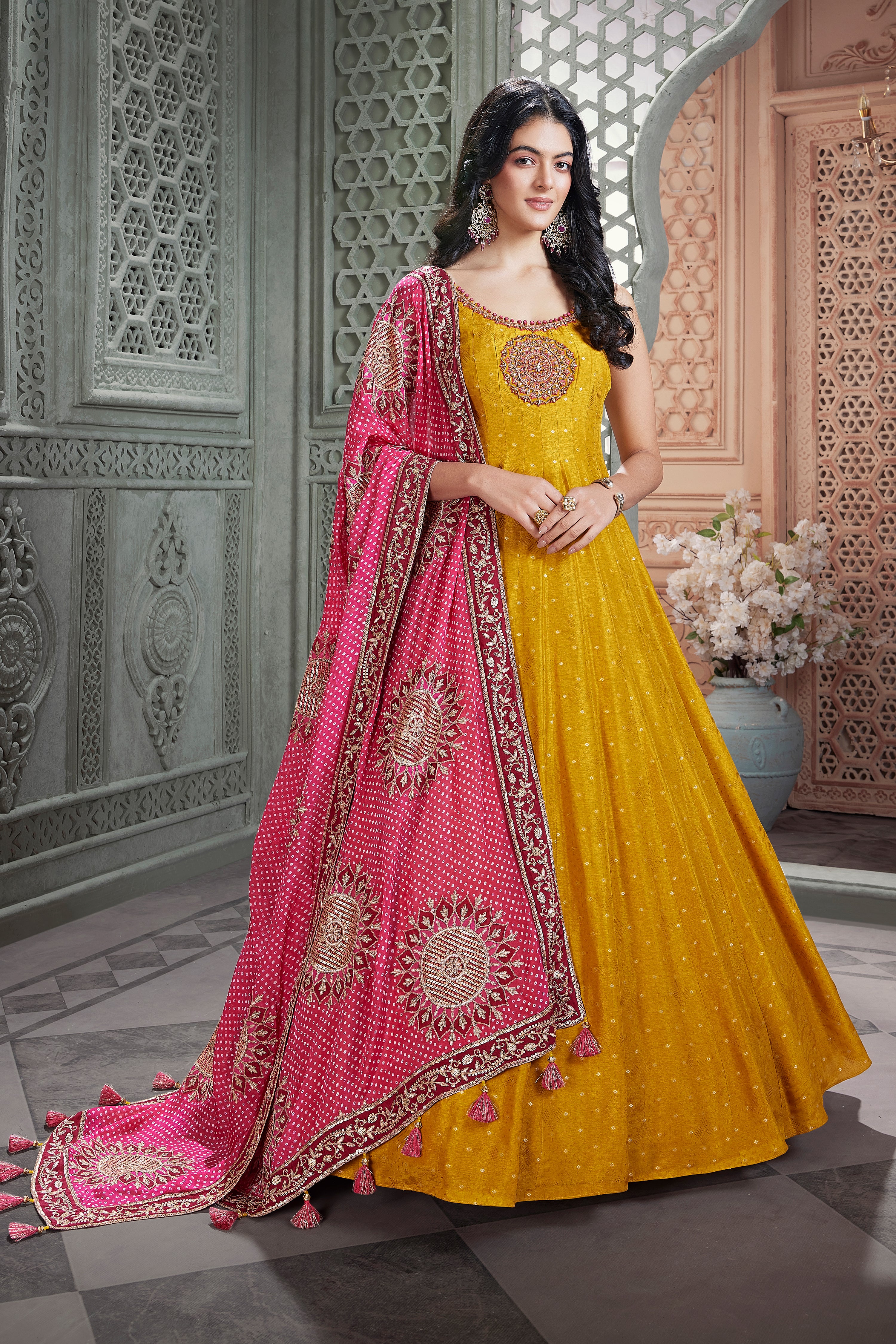 Light Mustard Anarkali Suit with Rani Pink Gaji Silk Dupatta | Palkhi Fashion