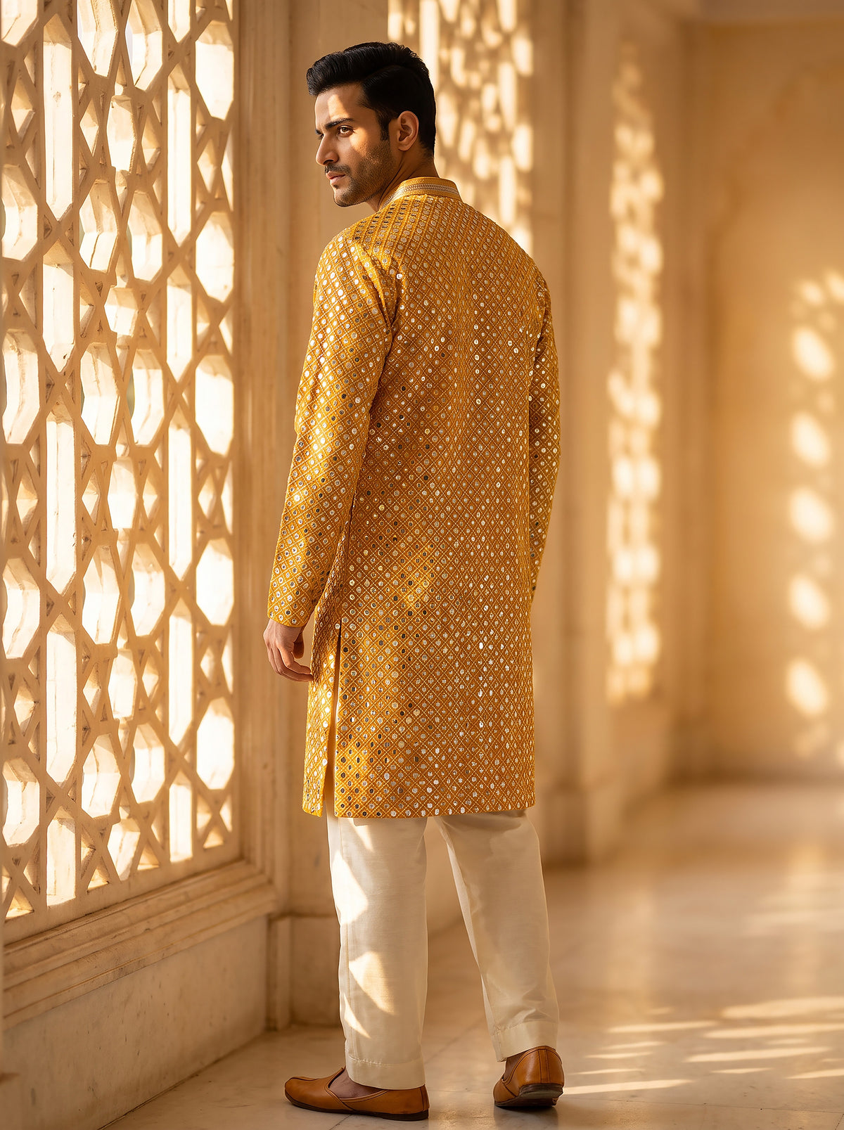 Radiant Sunshine | Light Mustard Georgette Foil Mirror Kurta Set with Korean Pants | Palkhi Fashion