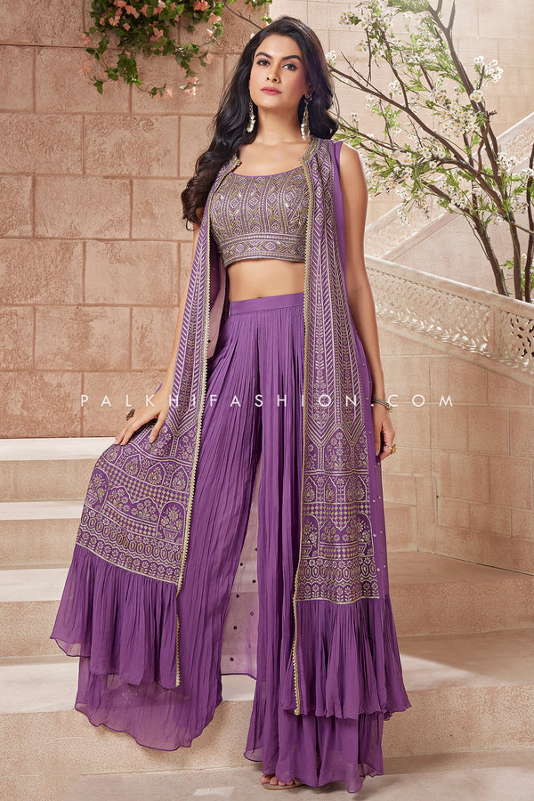 Light Purple Crop Top Palazzo Suit with Sequined Shrug