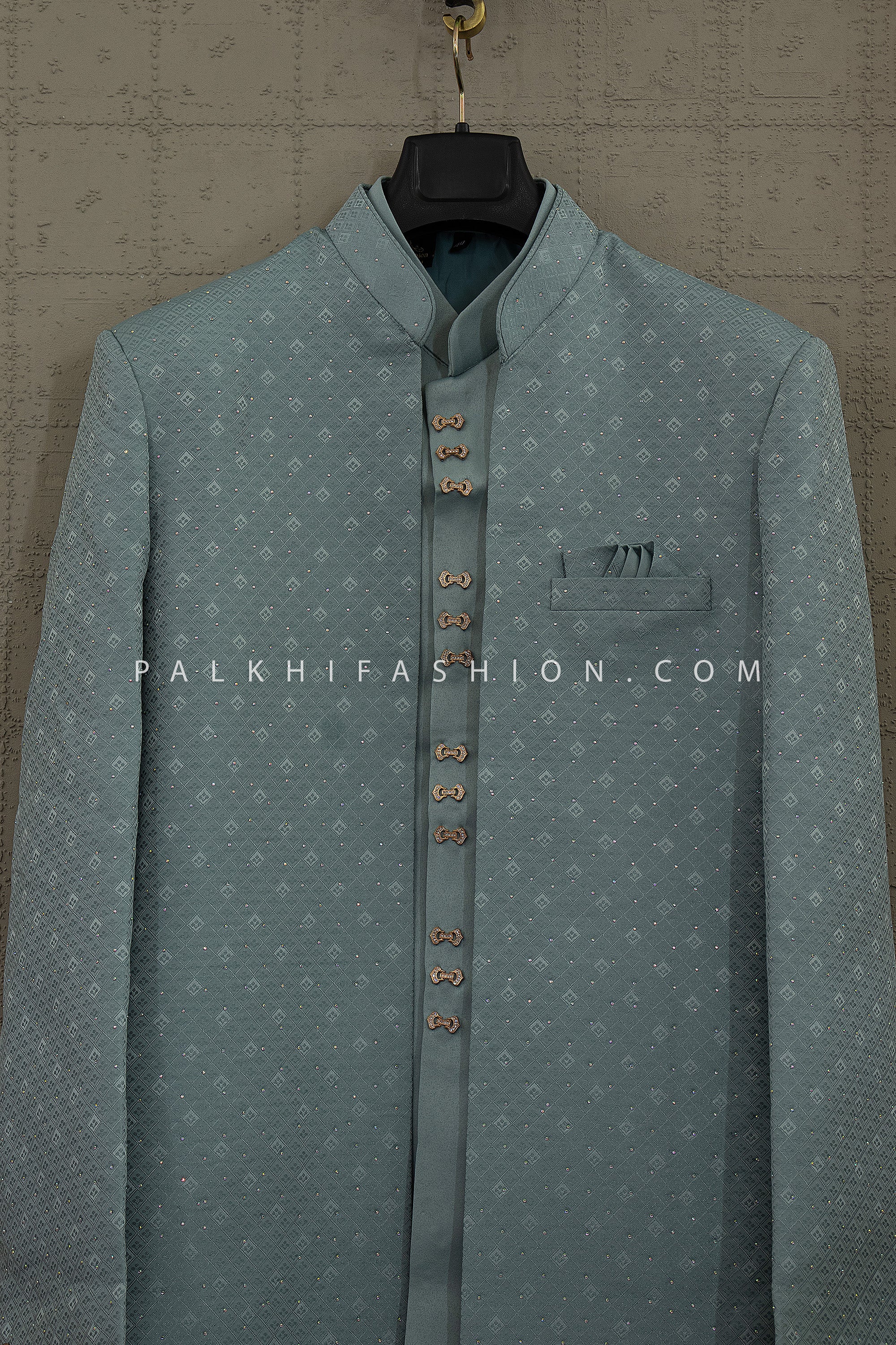 Light Teal Silk Blend Indo Western with Micro stone & Premium Woven Texture | Palkhi Fashion