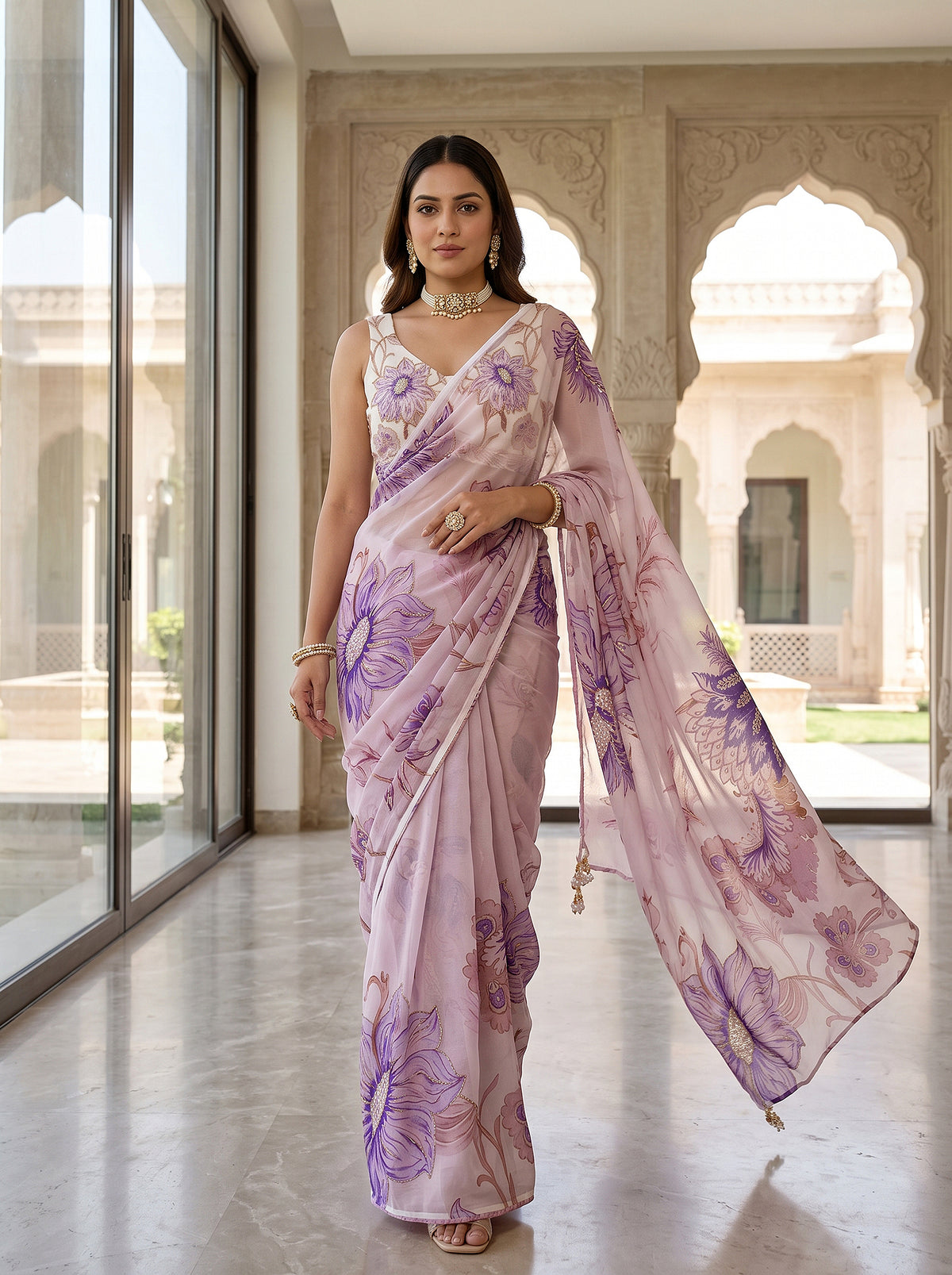 Lavender Bloom | Lilac Floral Print Georgette Saree with Beadwork & Embroidery | Palkhi Fashion