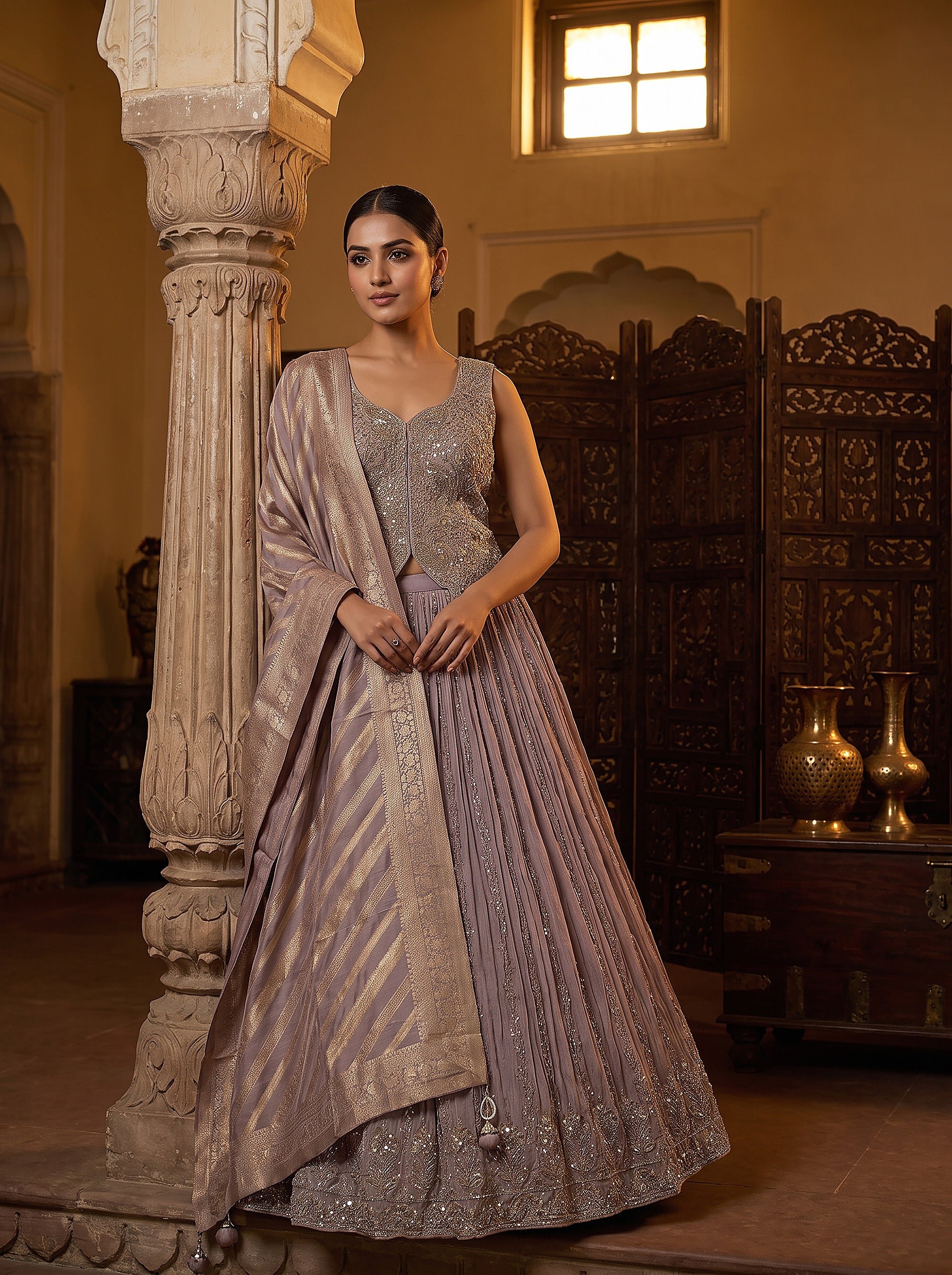 Lilac Reverie | Elegant Lehenga Choli with Handwork Blouse & Pure Banarasi Silk Dupatta | Palkhi Fashion