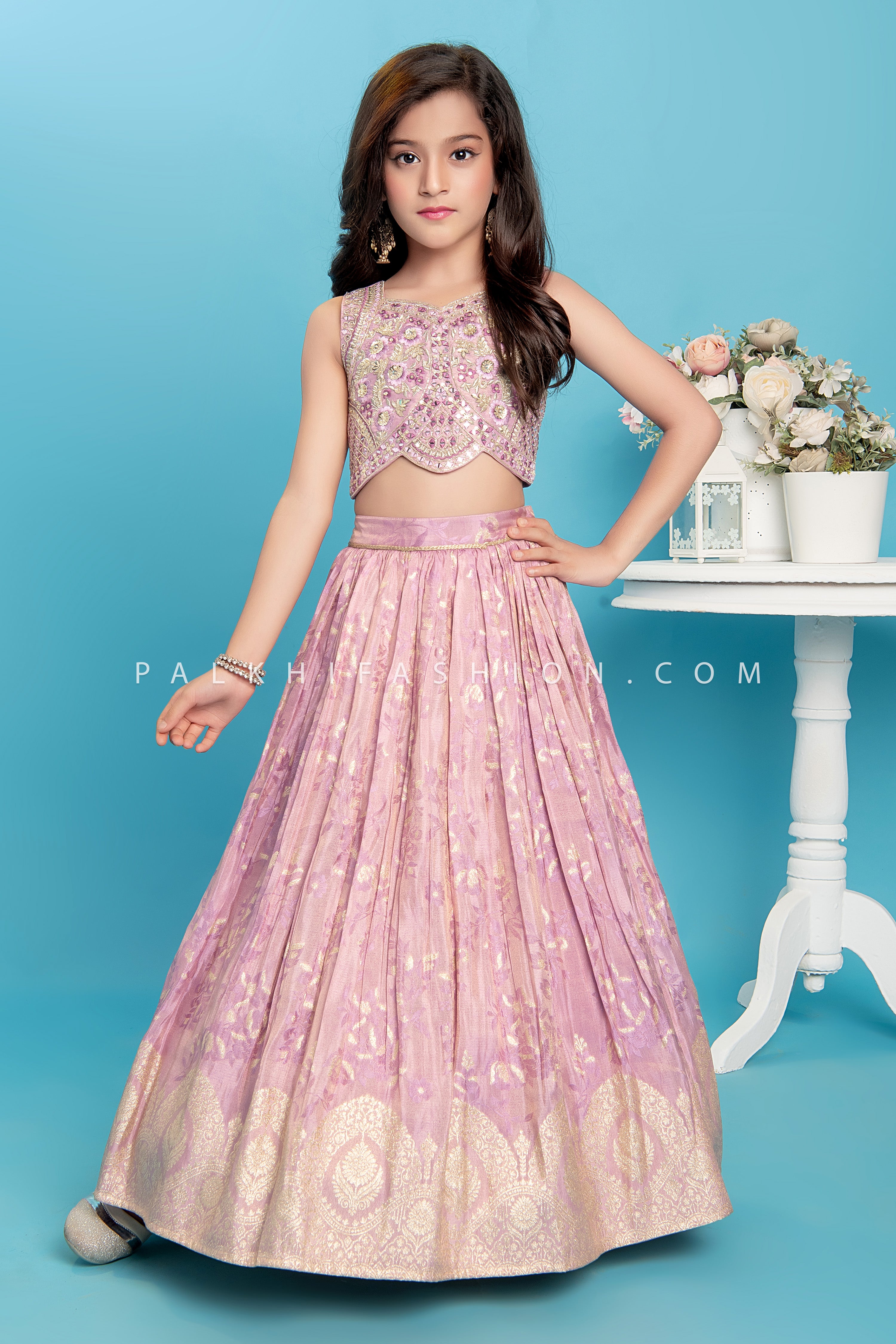 Lilac Silk Girls Lehenga Choli with Mirror Work Blouse – Palkhi Fashion