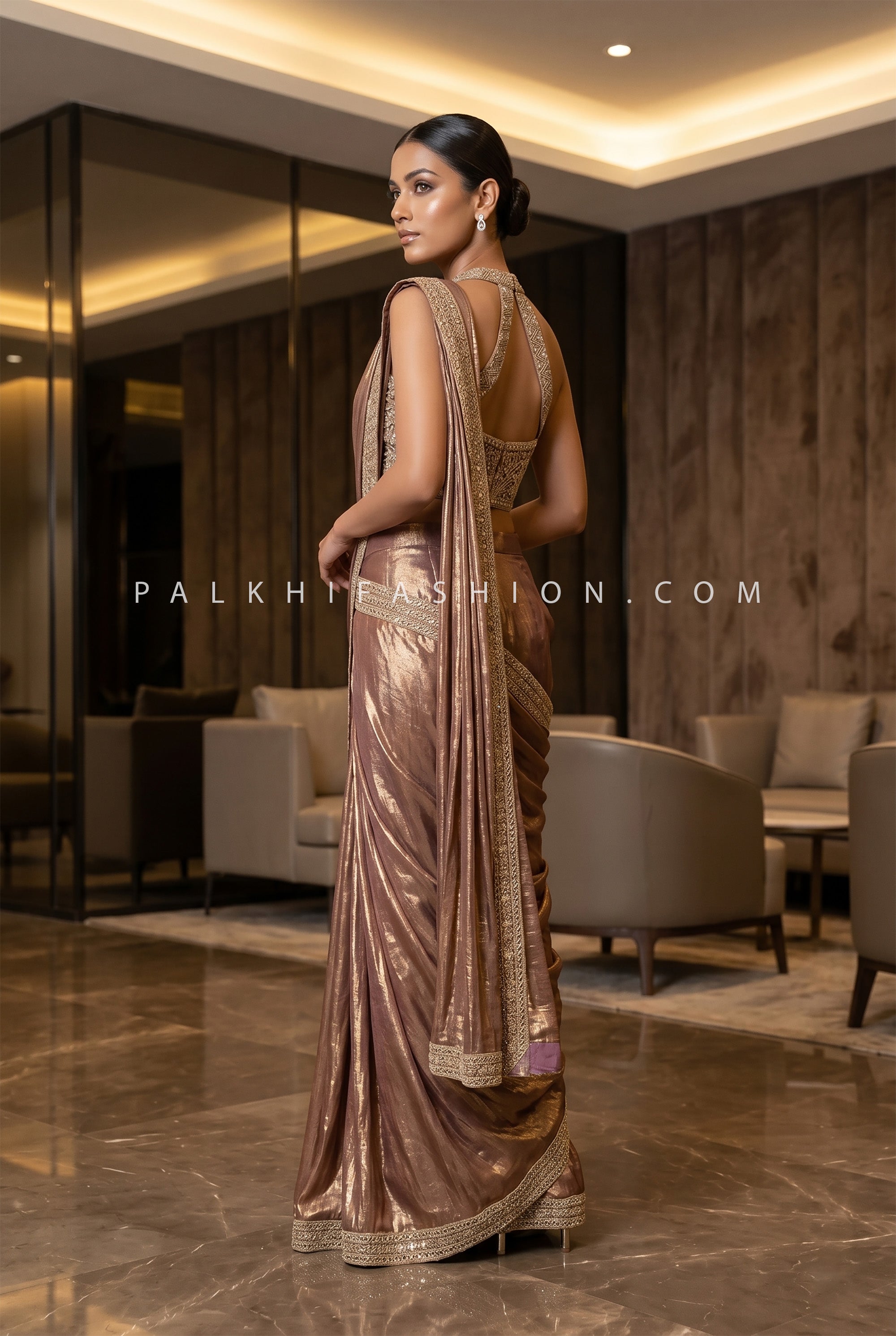 Luxe Cocktail Muse – Rose Gold Designer Ready-to-Wear Saree | Palkhi Fashion