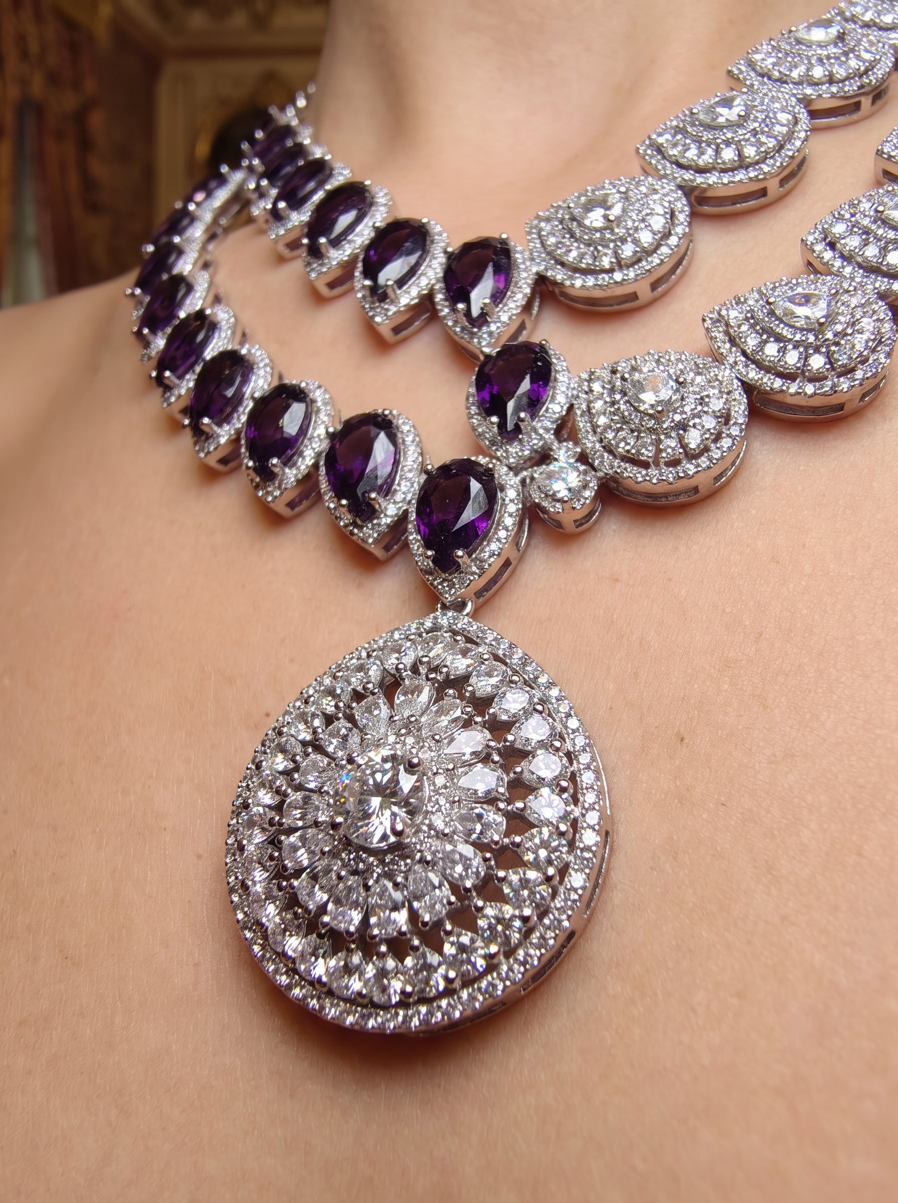 Royal Purple Amethyst CZ Diamond Necklace Set | Palkhi Fashion